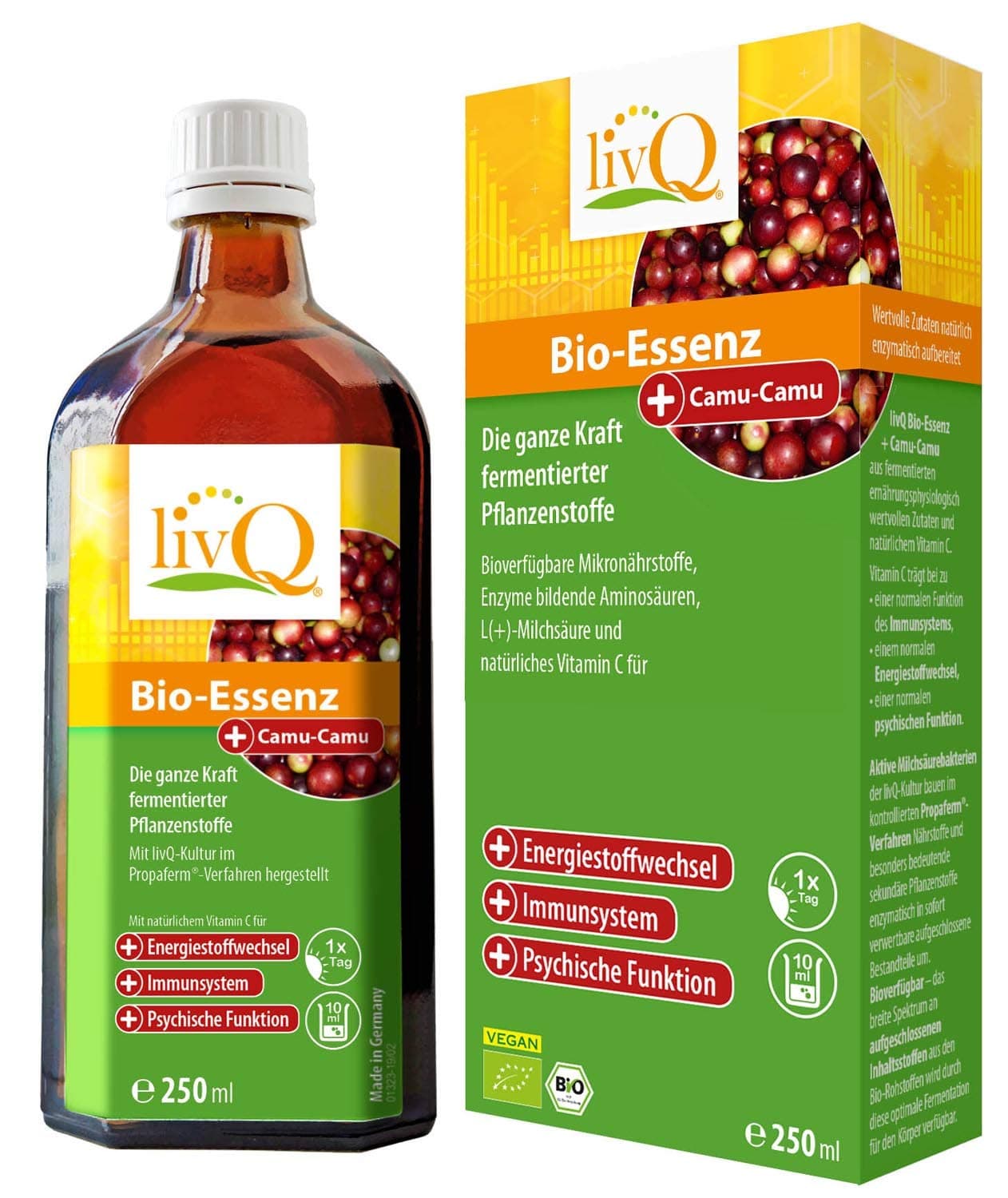 LivQ Organic Essence with Camu-Camu, Vital Drink, Fruit, Vegetables & Superfoods highly concentrated fermented, 250ml