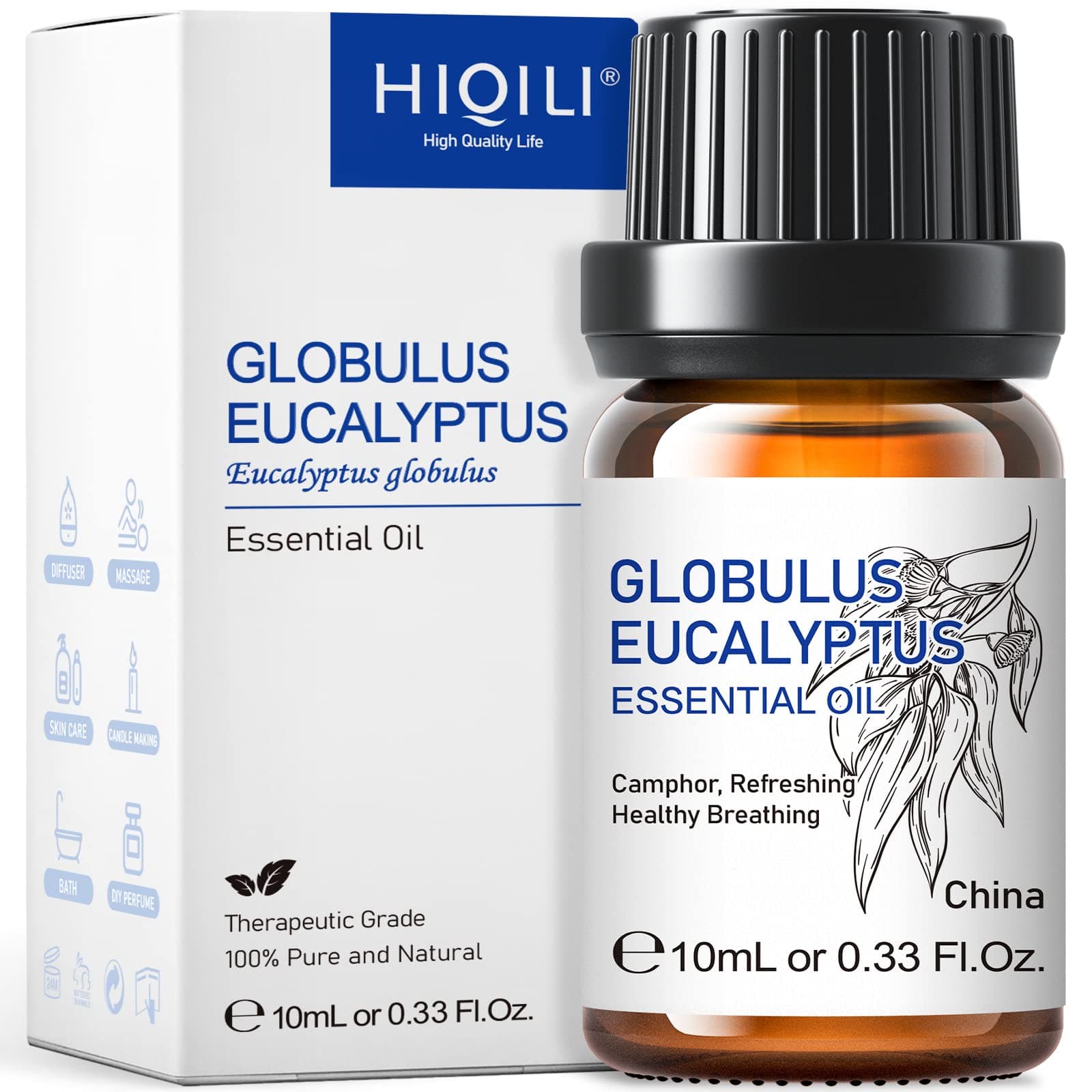 HIQILI 10ML Eucalyptus Essential Oil for Spray, Diffuser & Skin, 100% Pure Undiluted - 0.33 Fl Oz