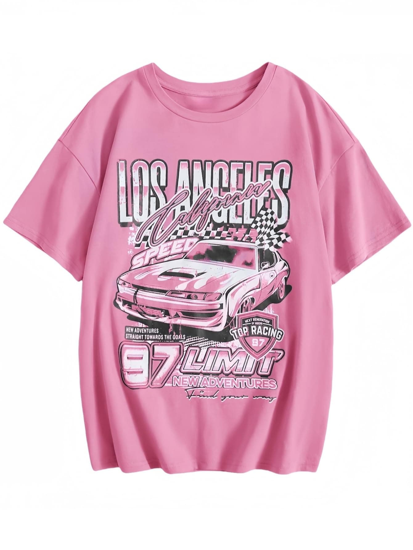 Girl's Car Letter Graphic Print Round Neck Short Sleeve Tee Summer Casual T Shirt