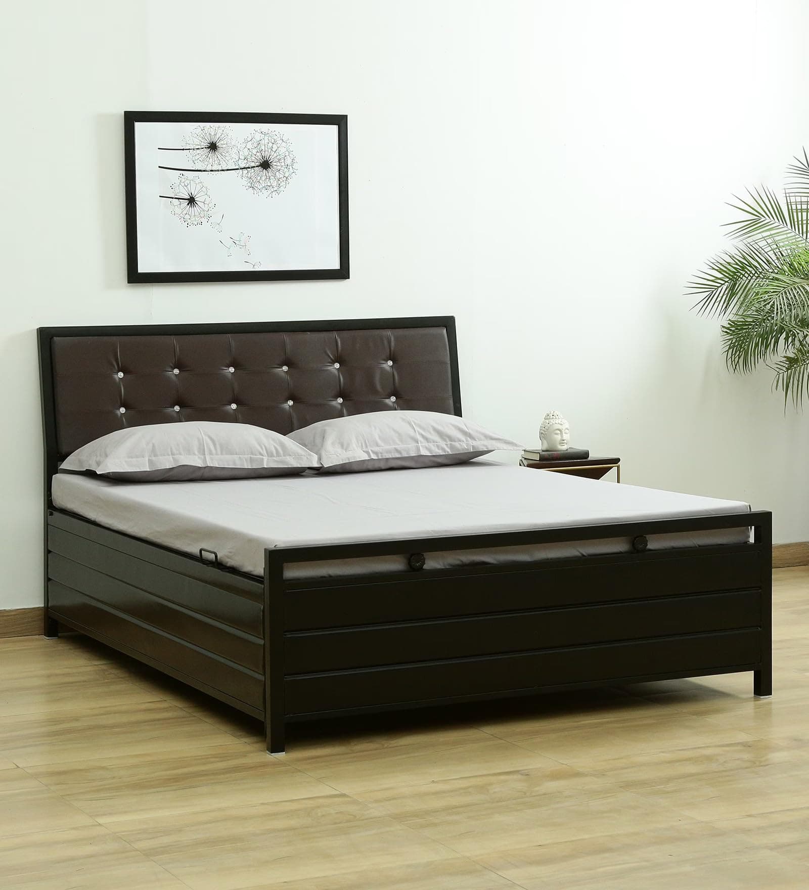 Universe Furniture King Size Metal Bed with Mattress & Hydraulic Storage (Matte Finish, Black & Brown)