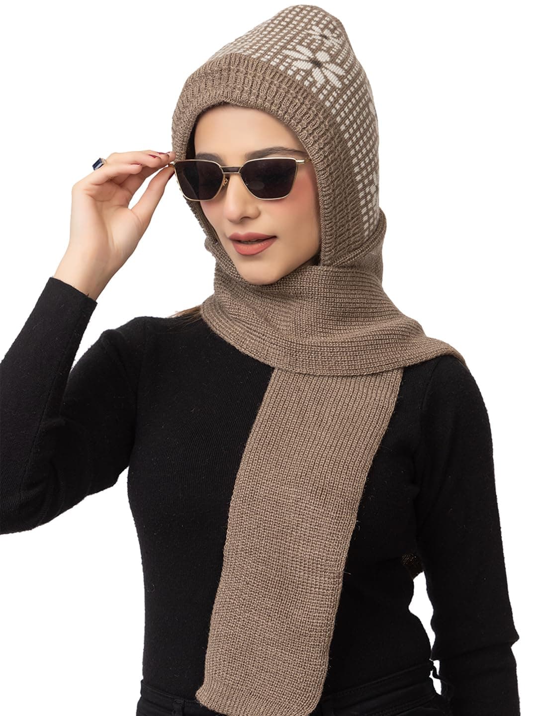 Women's Winter Woolen Soft Warm Knitted Designer Muffler Beanie Cap with Fur | Fleece Printed Woolen Hat with Attached Scarf for Cold Weather