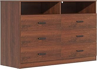 - Bigbiglife 6 Drawers Dresser for Bedroom Wooden Drawer with Open Storage Cubby, Double Wide Dresser Organizer for Bedroom, Living Room, Entryway, Hallway (Walnut Brown)