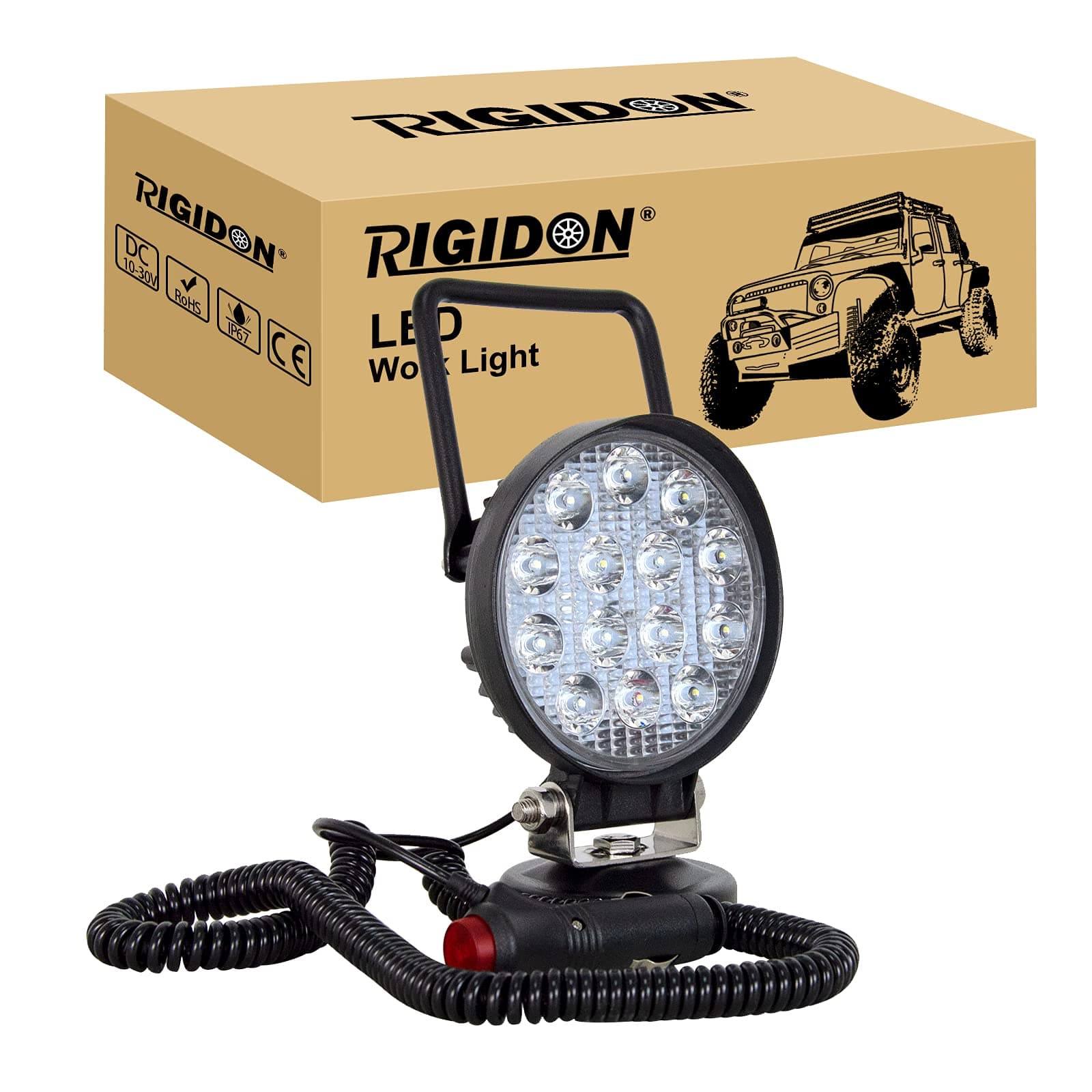 RIGIDON Portable Magnetic Base Round Led Work Light, 4 inch 42W Spot Beam, 12V 24V Driving Lights Lamp for Car Off Road Truck 4x4 SUV ATV Tractors Excavator, 6000K White,Led Search Lights
