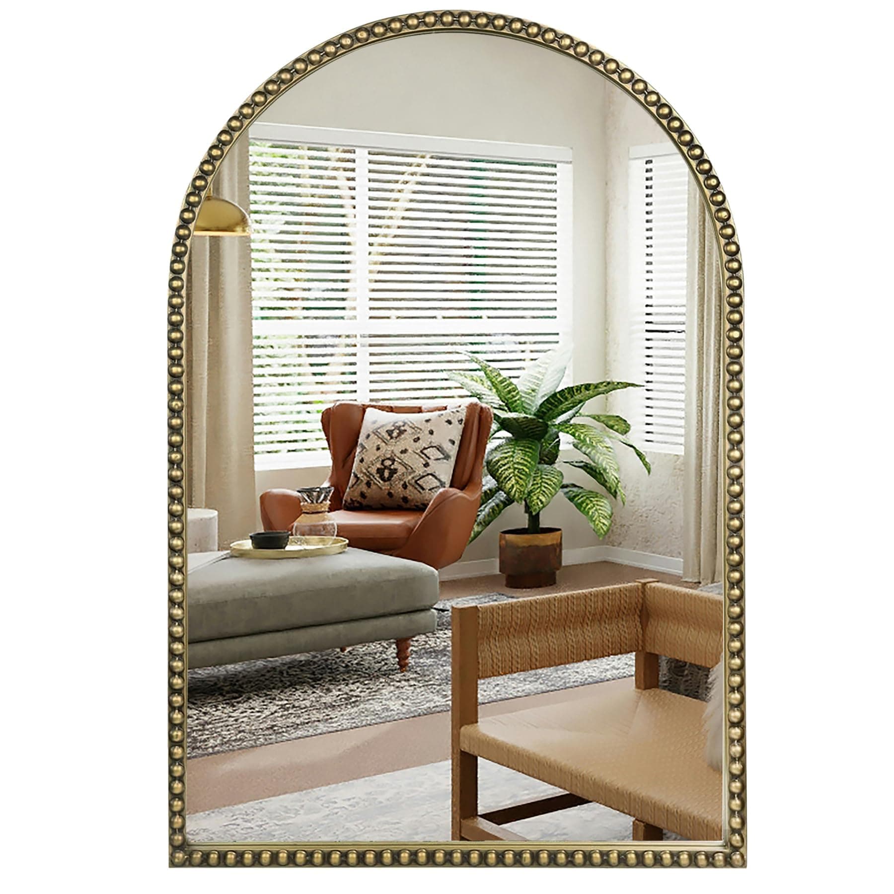 Wemily Antique Gold 24"x36" Arched Wall Mirror with Metal Beaded Frame - Decorative Accent Wall Mirror for Bathroom, Bedroom, Living Room, Entryway