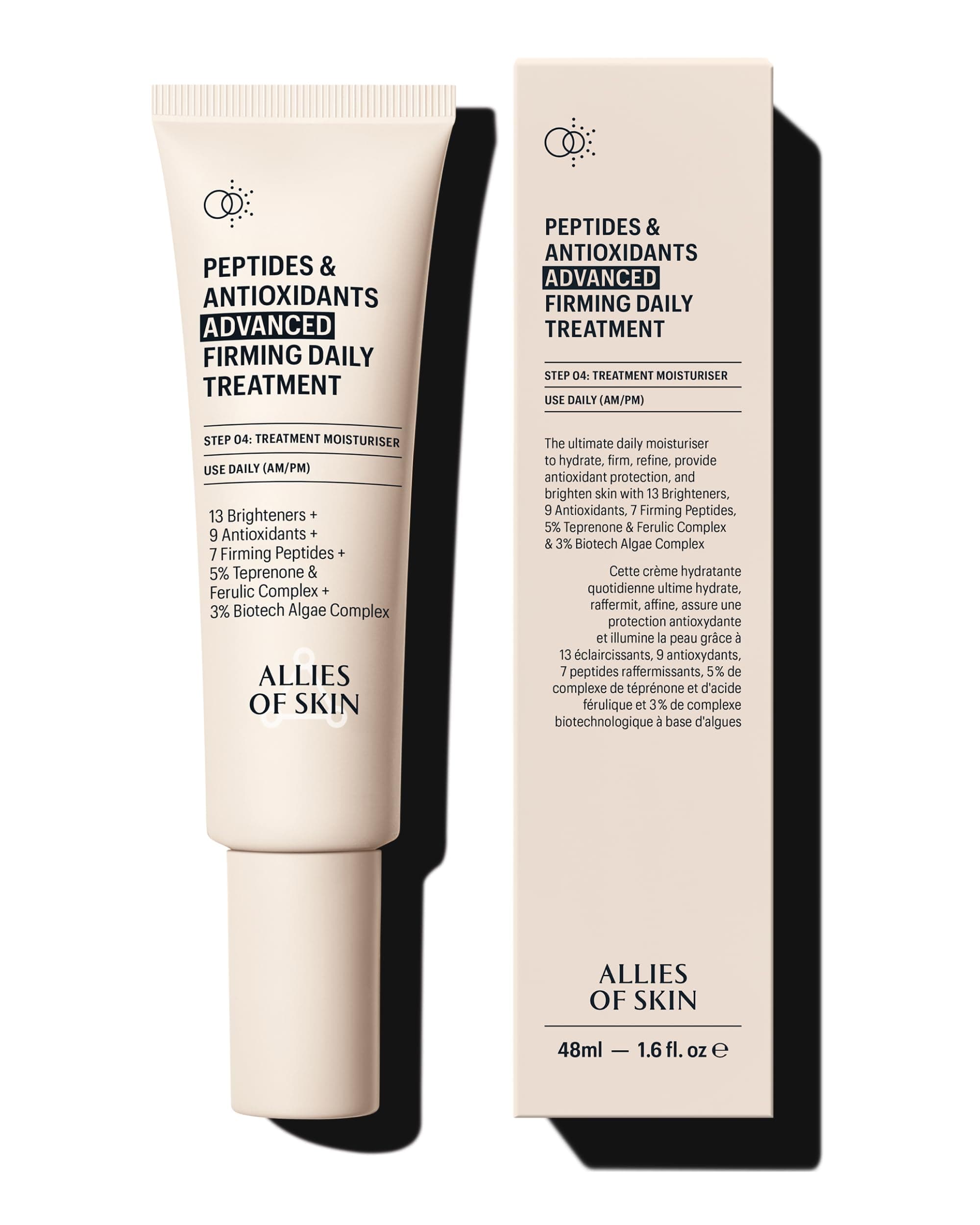 Peptides & Antioxidants Advanced Firming Daily Treatment with 13 Brighteners, 9 Antioxidants, 7 Firming Peptides, 5% Teprenone & Ferulic Complex and 3% Biotech Algae Complex 48ml/1.6oz