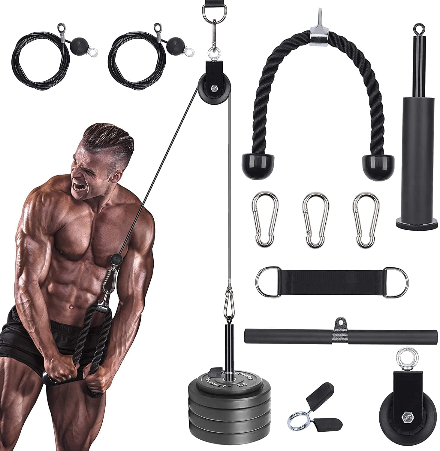 Pulley System Gym, Home Cable Pulley System with Silent Pulley, Tricep Rope, Straight Bar, 2 Cables, Upgrad Loading Pin, 3 Hoist Buckles and Hanging Strap, Home Gym Equipment for Core Routine