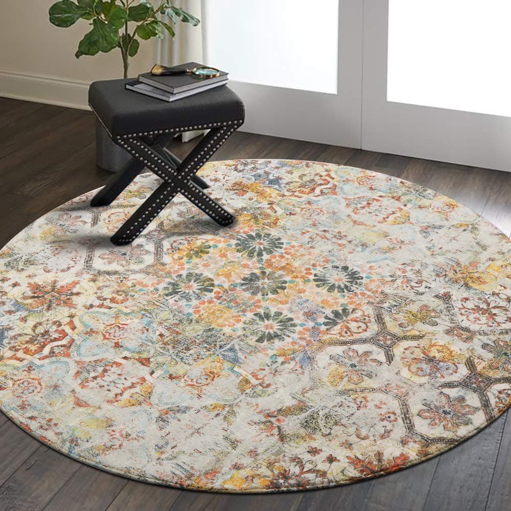 Lahome Floral Medallion Round Rug 4ft - Washable Circular Rug Non-Slip Distressed Vintage Accent, Throw Rugs Floor Carpet for Door Mat Entryway Living Room Bedrooms (4 ft, Multicolor)