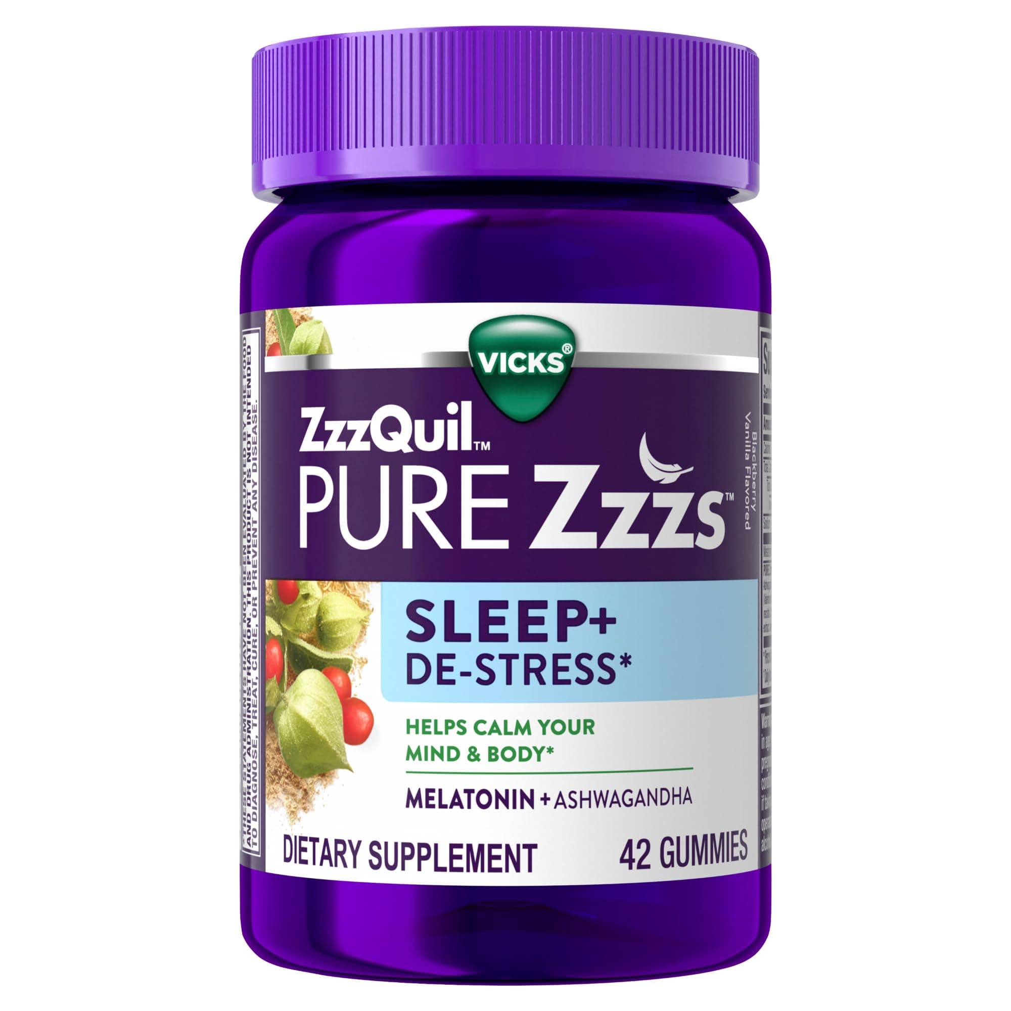 ZzzQuil PURE Zzzs De-Stress Melatonin Sleep Aid Gummies, Helps Calm Your Mind and Body, Ashwagandha for Stress Support, Sleep Aids for Adults, 1 mg per gummy, 42 Count