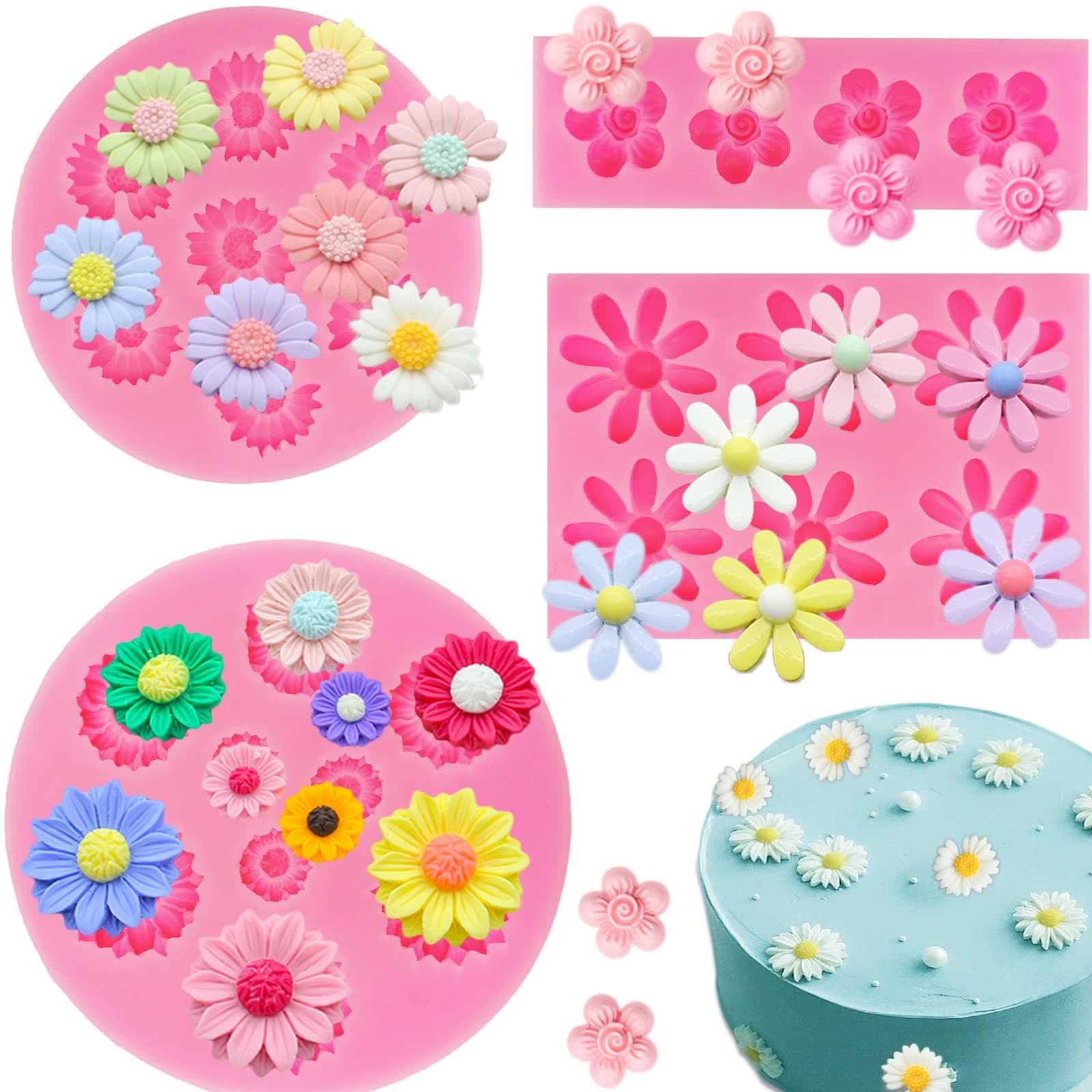 4Pcs Daisy Flower Silicone Molds Chrysanthemum Silicone Molds Small Flower Shapes Fondant Cake Chocolate Molds Polymer Clay Resin Mold for Cake Decoration Candy Ice Cube Soap Wax Making DIY Craft