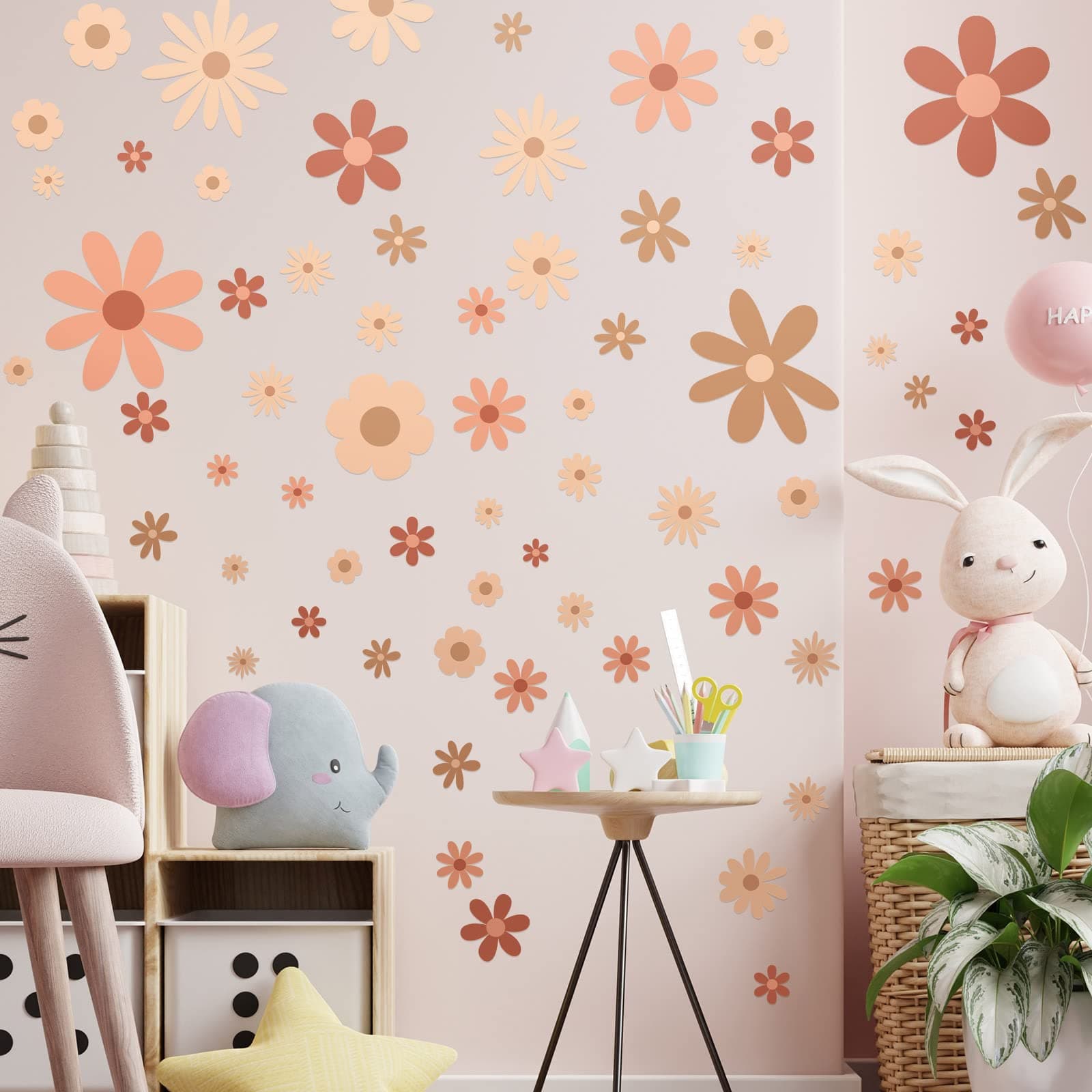 Kisston 90 Pcs Daisy Wall Decal Alphabet Vinyl Wall Decals Boho Decal Daisy Stickers Boho Groovy Floral Stickers for Nursery Art Bedroom Classroom(Classic)