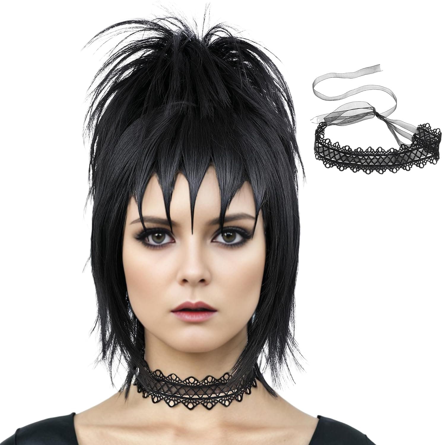 morvally Black Wig with Bun and Choker for Women Black Wig with Bangs for Witch Halloween Costume Cosplay (Short Length Hair)