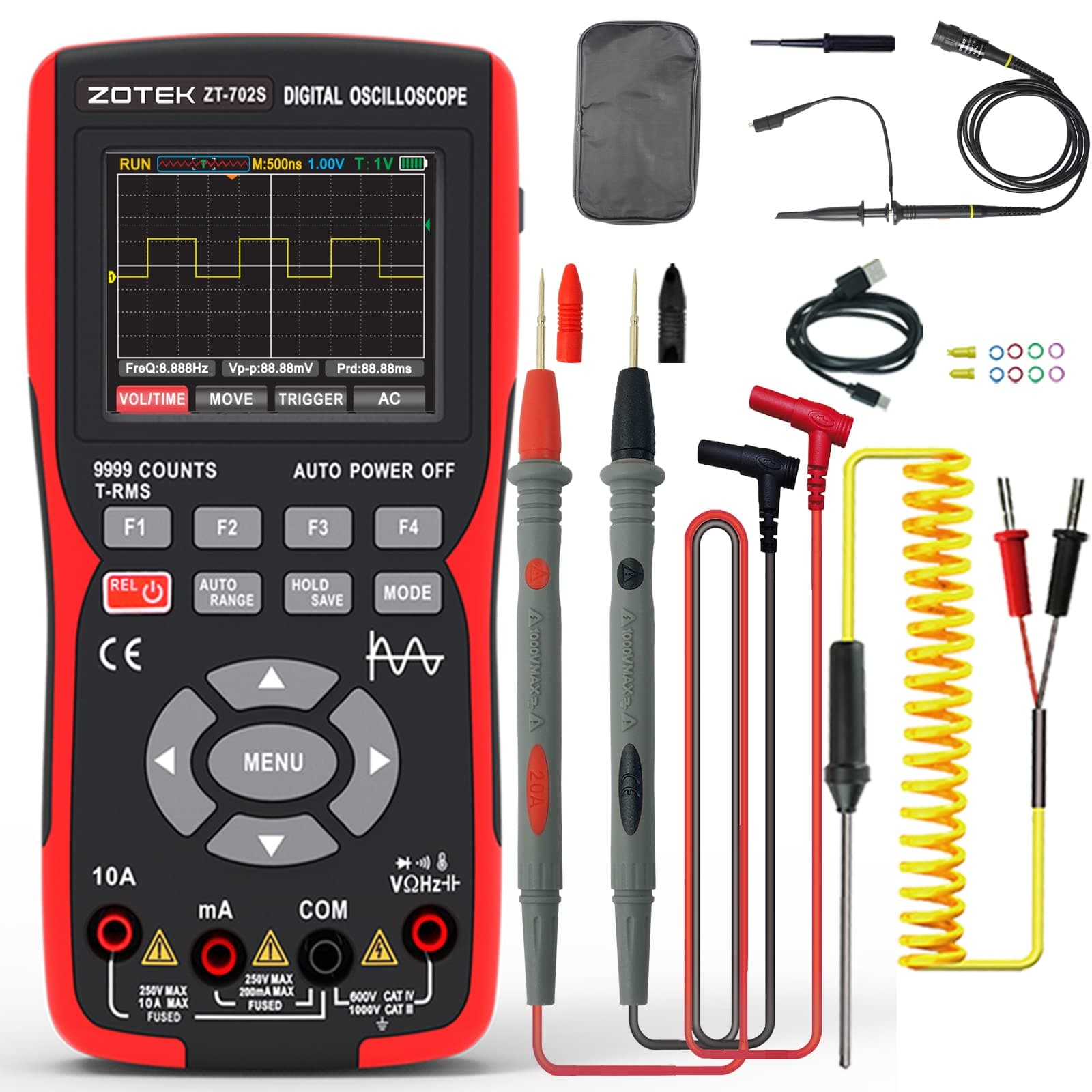 Zt-702S 2 In 1 Handheld Digital Automotive Oscilloscope Multimeter, Diode Tester,Multimeter Auto Rangin48Msa/S High Sampling Rate?Amp Ohm Volt Meter Tester?Voltage/Current Test - Battery Powered
