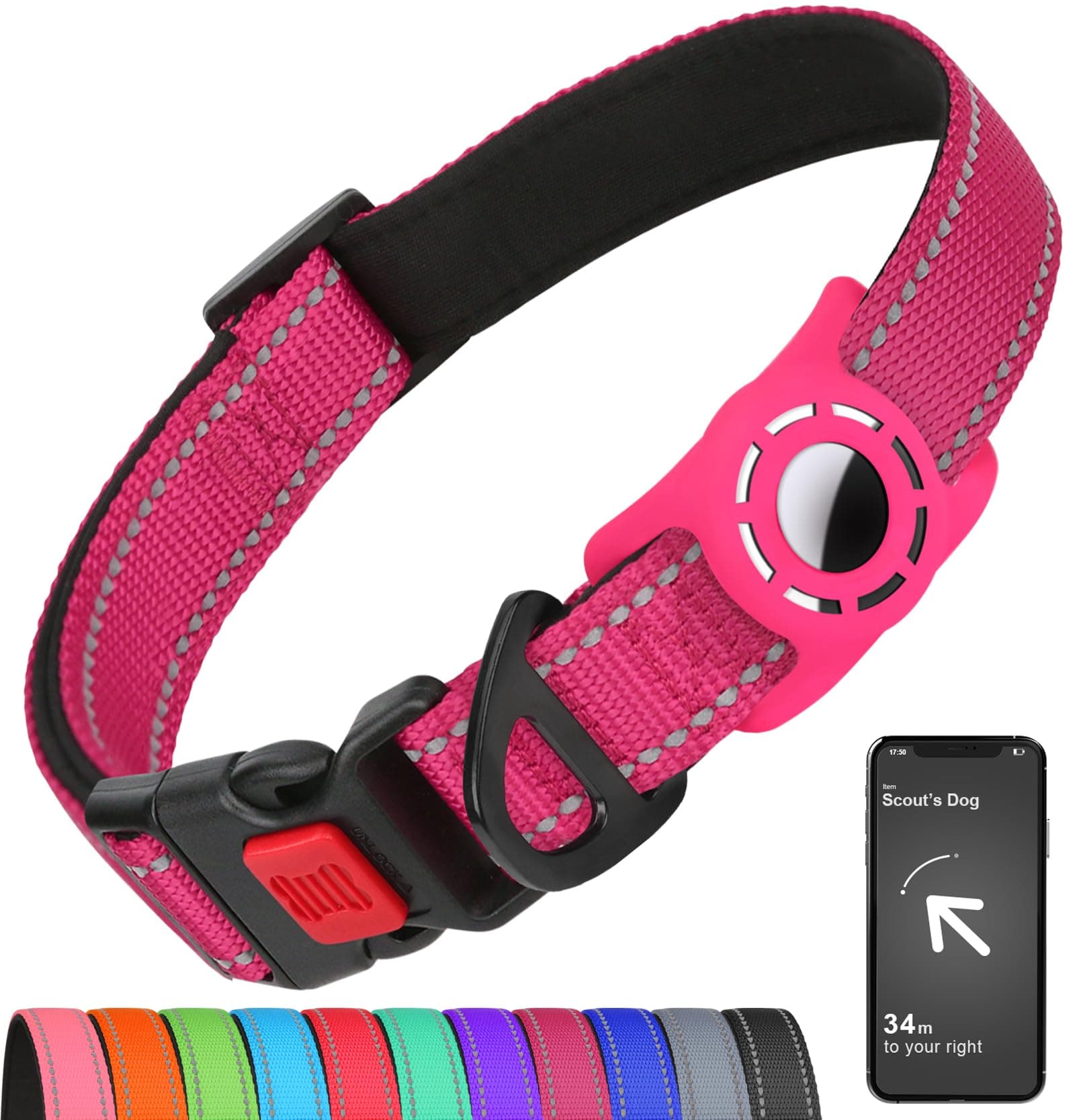 AirTag Dog Collar with AirTag Holder Compatible for Air Tag, Reflective Soft Padded, Safety Locking Buckle, Adjustable Nylon for Small Medium Large Dogs (Hotpink,L)