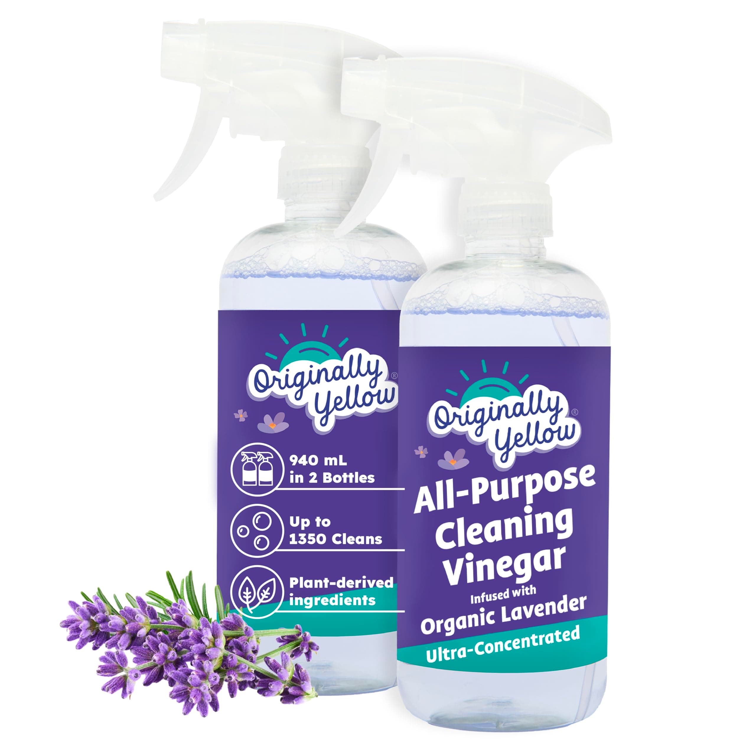 All-Purpose Distilled Vinegar Spray Living Room, Bathroom, & Kitchen Cleaner Spray | Infused with Organic Lavender | Plant-Based All Purpose Cleaner, 470 mL (2-Pack)