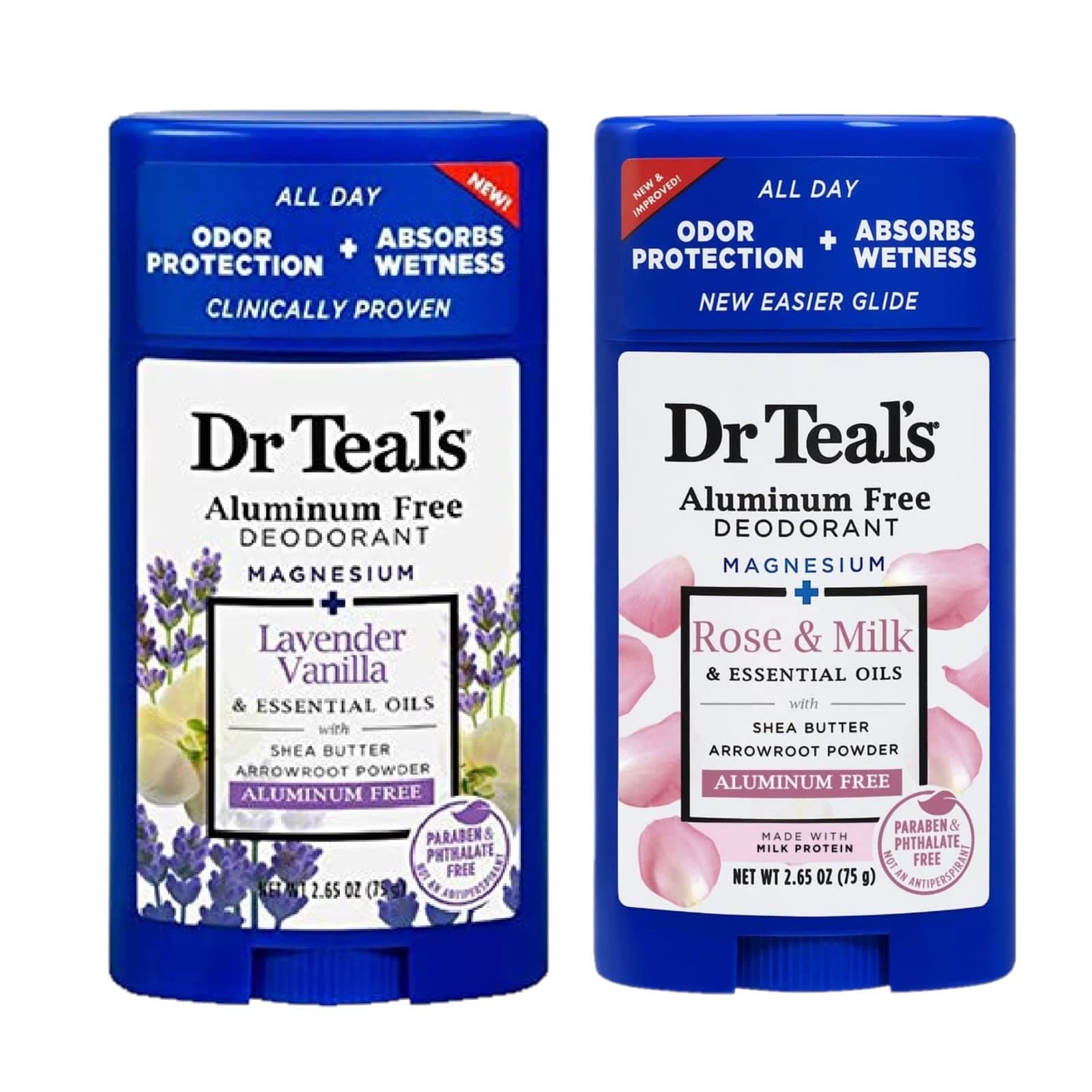 Dr. Teals Deodorant Variety Gift Set (2 Pack, 2.65oz Ea.) - Vanilla Lavender & Rose & Milk - Essential Oils, Shea Butter & Magnesium Help Absorb Moisture & Keep Skin Clean & Healthy