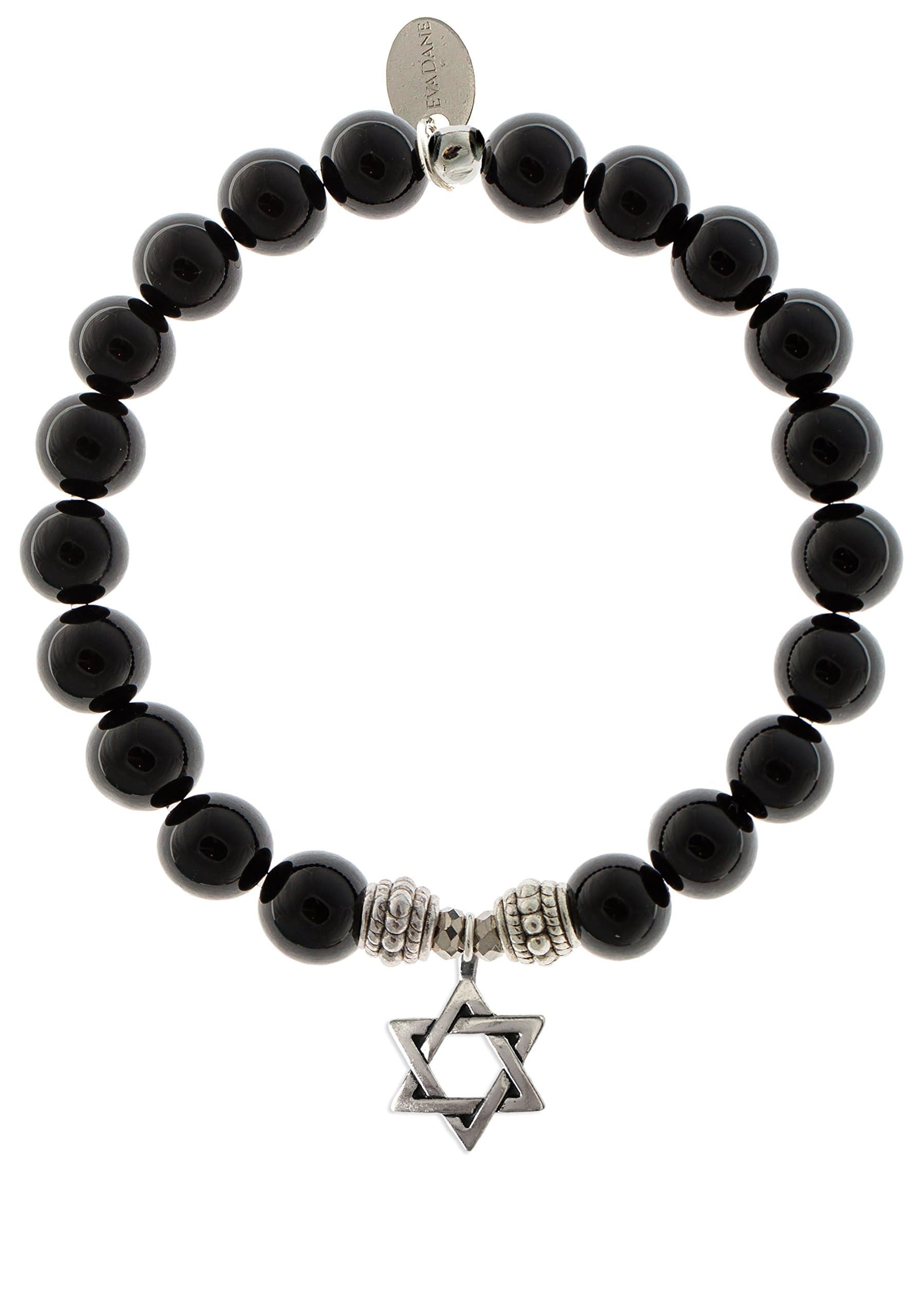 EvaDaneNatural Black Onyx Gemstone Rope Bead Star of David Charm Stretch Bracelet