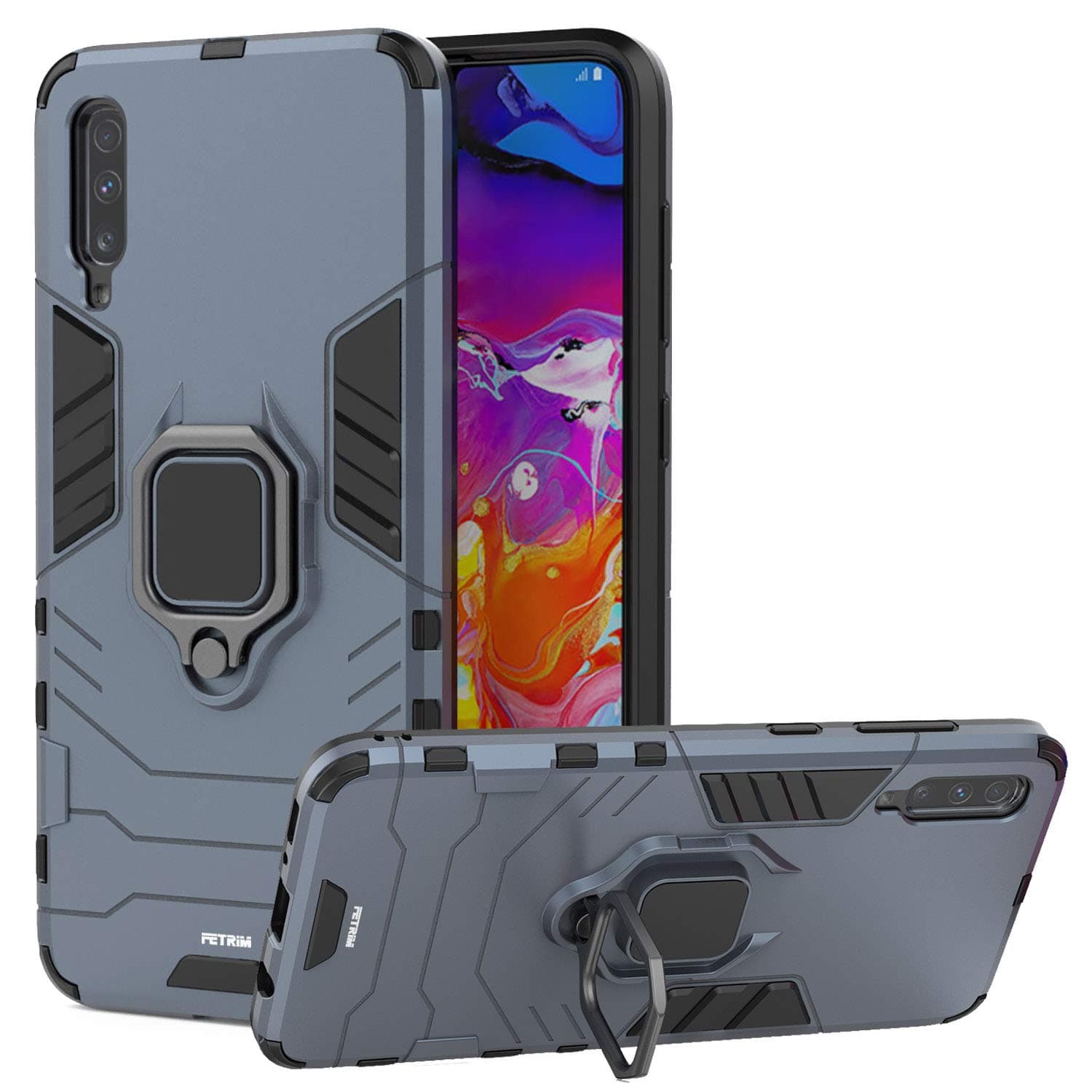 Fetrim Galaxy A70 Case, TPU Plastic Dual Layer Shockproof Cover for Samsung Galaxy A70 with 360 Degree Rotation Ring Holder Kickstand (Blue)