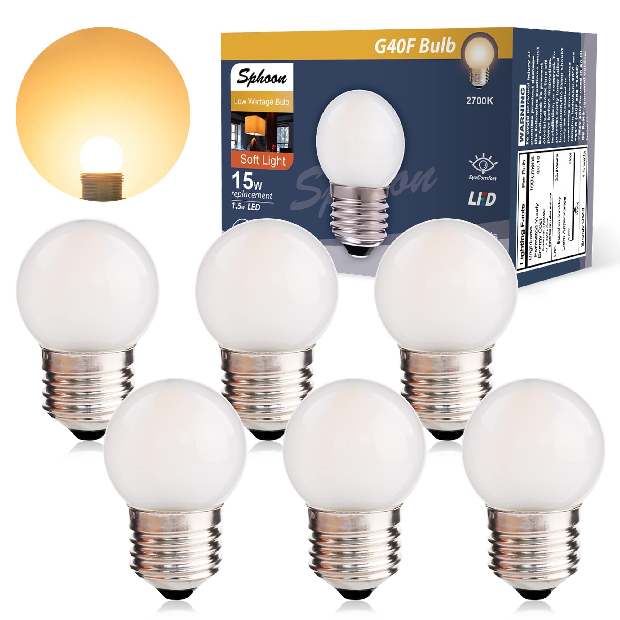 G40 Low Watt LED Light Bulbs 1.5W Soft Warm White 2700K G14 Energy Saving Bulb 15 Watt Equivalent Lights Bulb Standard Base E26, Night Light for Bathroom, Bedroom, 150 Lumen, 90+ Ra, Pack of 6