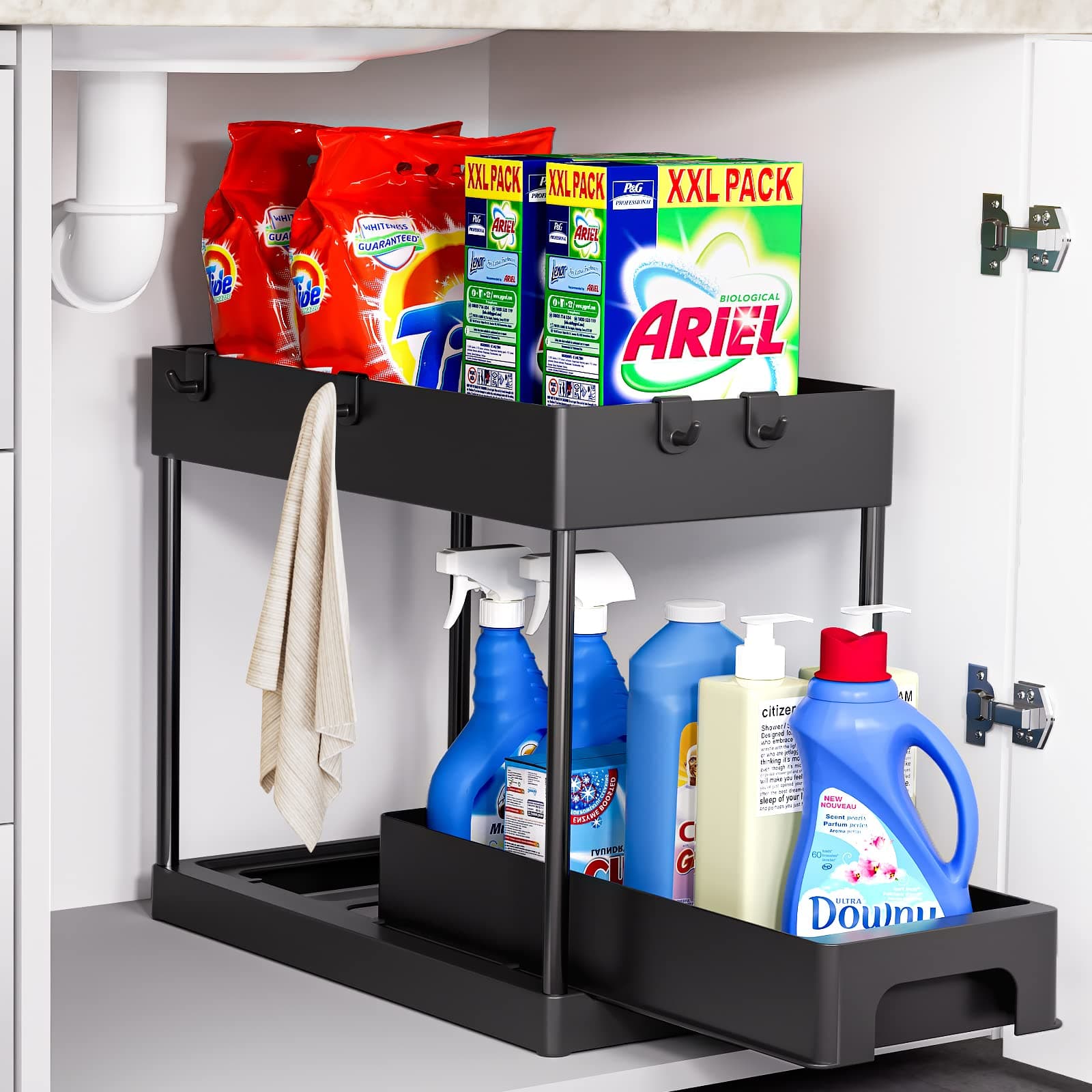 Under Sink Organizers and Storage, 2 Tier kitchen organization with Pull out Sliding Drawers, Multi-purpose Organization and Storage with 4 Hooks for Bathroom, Cabinet Organizer (Black)…