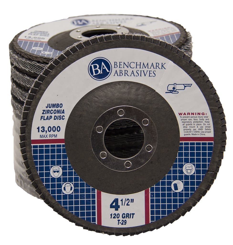Benchmark Abrasives 4.5" x 7/8" Premium High-Density Jumbo Zirconia Type 29 Flap Discs for Sanding, Stock and Rust Removal, Finishing, Grinding, Deburring (Case) - 120 Grit