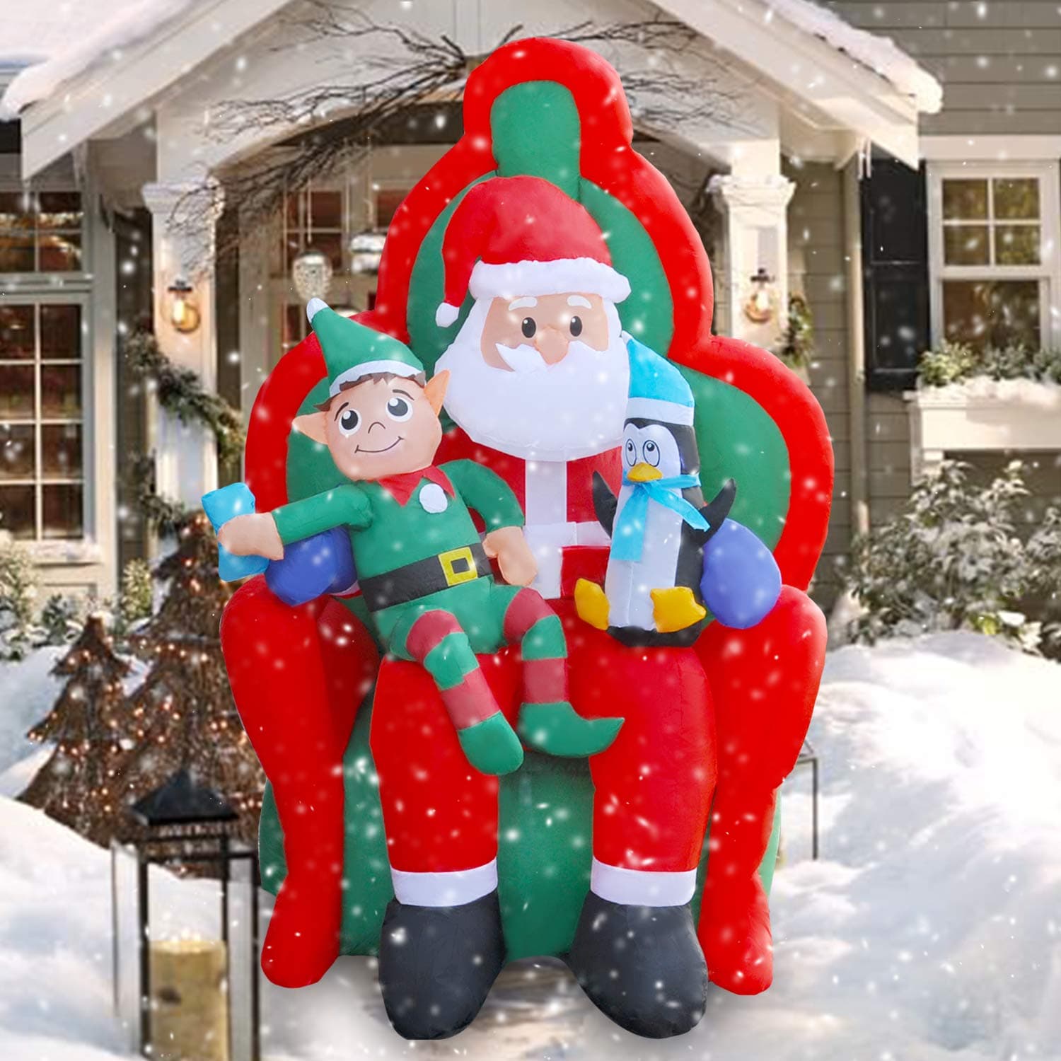 SEASONBLOW6 Ft LED Light Up Inflatable Christmas Santa with Elf and Penguin Xmas Decoration for Yard Lawn Garden Home Party Holiday Indoor Outdoor