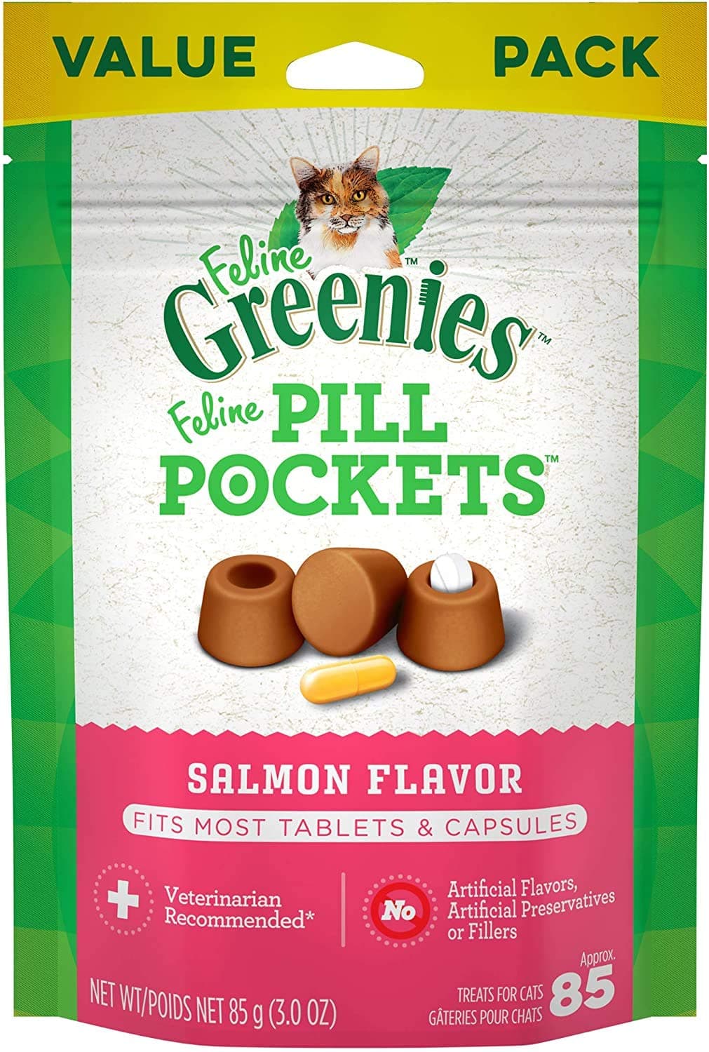 FELINE GREENIES PILL POCKETS for Cats Natural Soft Cat Treats, Salmon Flavor, 3 oz. Pack (85 Treats)
