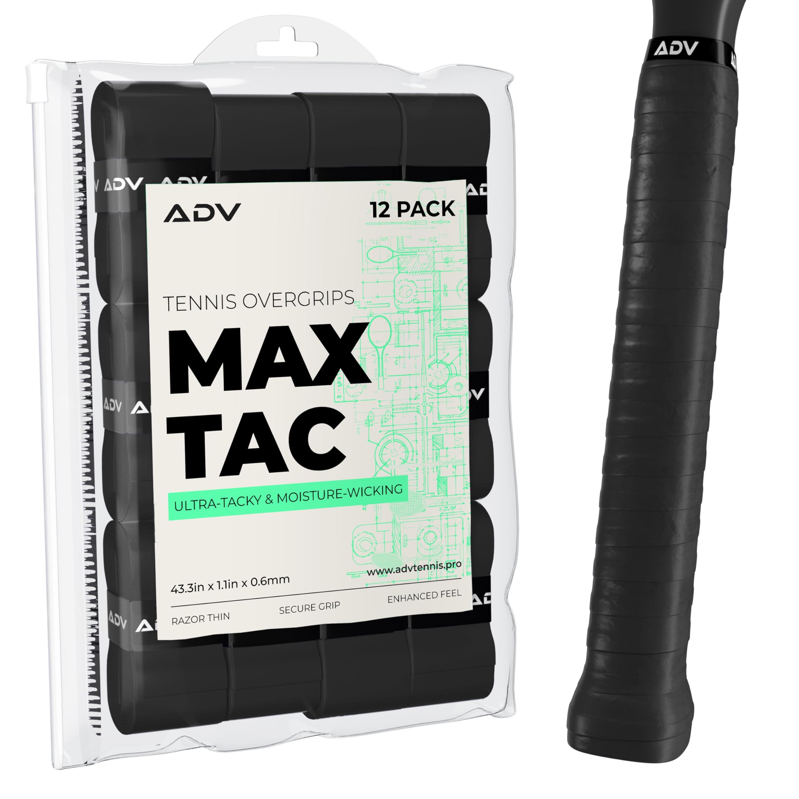 ADV MaxTac Tacky Tennis Overgrip - 12 Pack Extremely Sticky Non-Slip Tennis Grips Overgrip - Razor-Thin & Easy to Use Pro Tennis Racquet Grip Tape (12-Pack Black)
