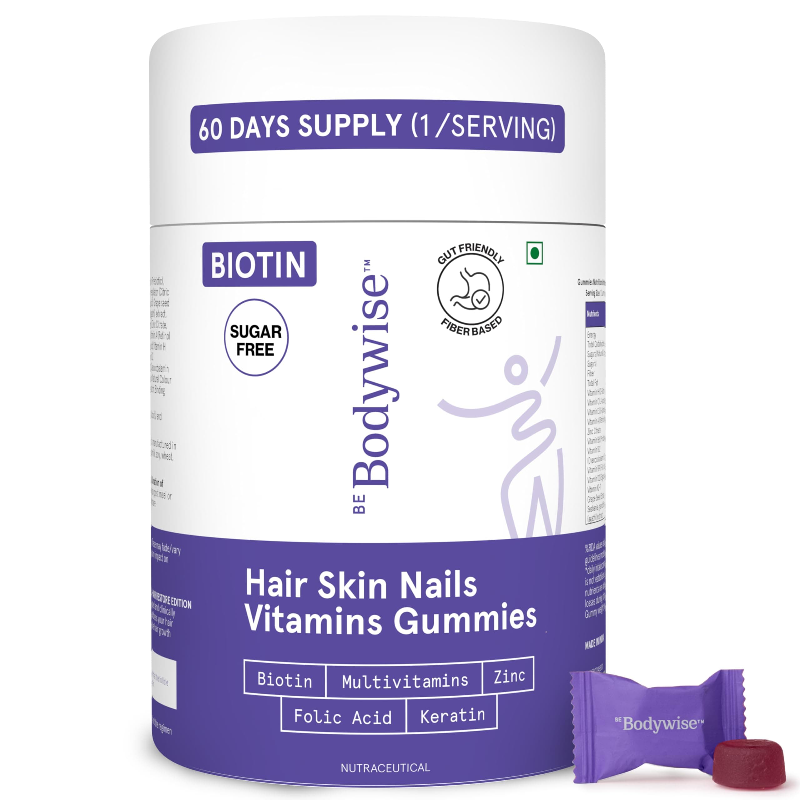 Be Bodywise Biotin Hair Gummies I Sugar Free I 60 Day Pack I Healthy Hair,Skin,Nails I '6-in-1' Biotin, Zinc, Folic Acid, Vitamin C, Keratin & Multivitamin I Gut FriendlyI Strawberry FlavorI100% Vegan