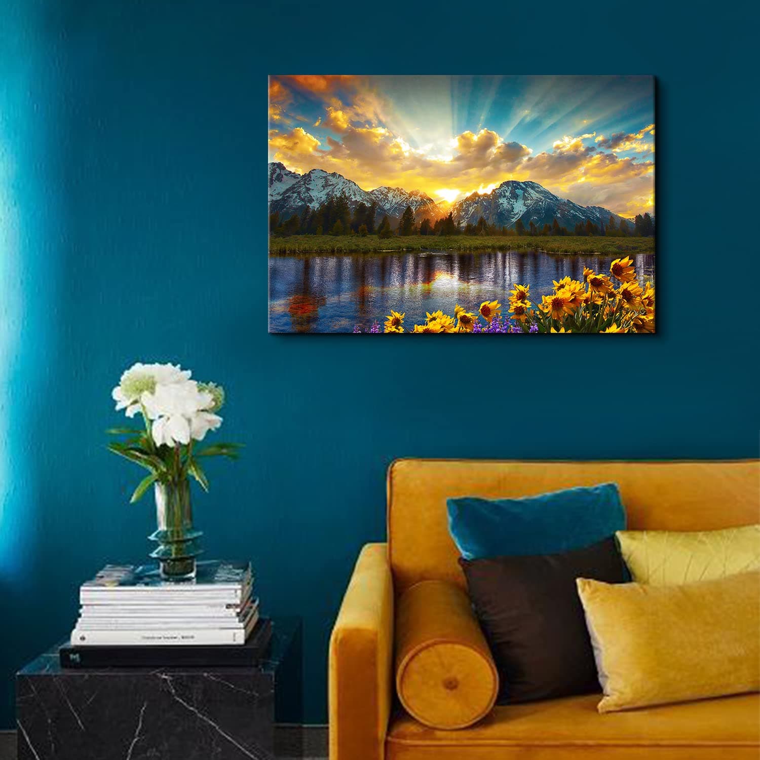 Sunrise Mountain Wall Art Nature Grand Teton Pictures for Kitchen Bedroom National Park Sunflower Poster Canvas Prints Sunset Forest Lake Scenery Painting Artwork Home Decorations 16x24” Gifts