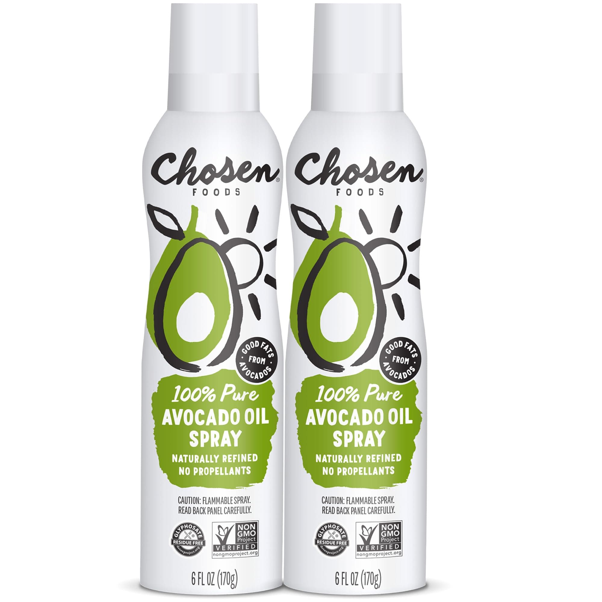 Chosen Foods 100% Pure Avocado Oil Spray, Keto Diet Friendly, Kosher Cooking Spray for Baking, High-Heat Cooking and Frying (6 oz, 2 Pack)