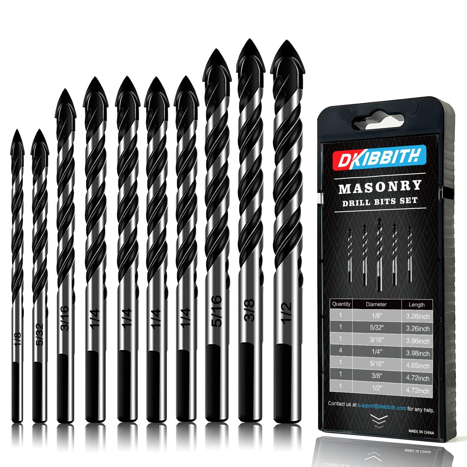 DKIBBITH 10-Piece Masonry Drill Bits Set for Tile Glass Ceramic Brick Wood, 1/8 to 1/2 Inch Drilling Bits with Triangle Handle, YG8 Tungsten Steel Alloy Tip.（Black）