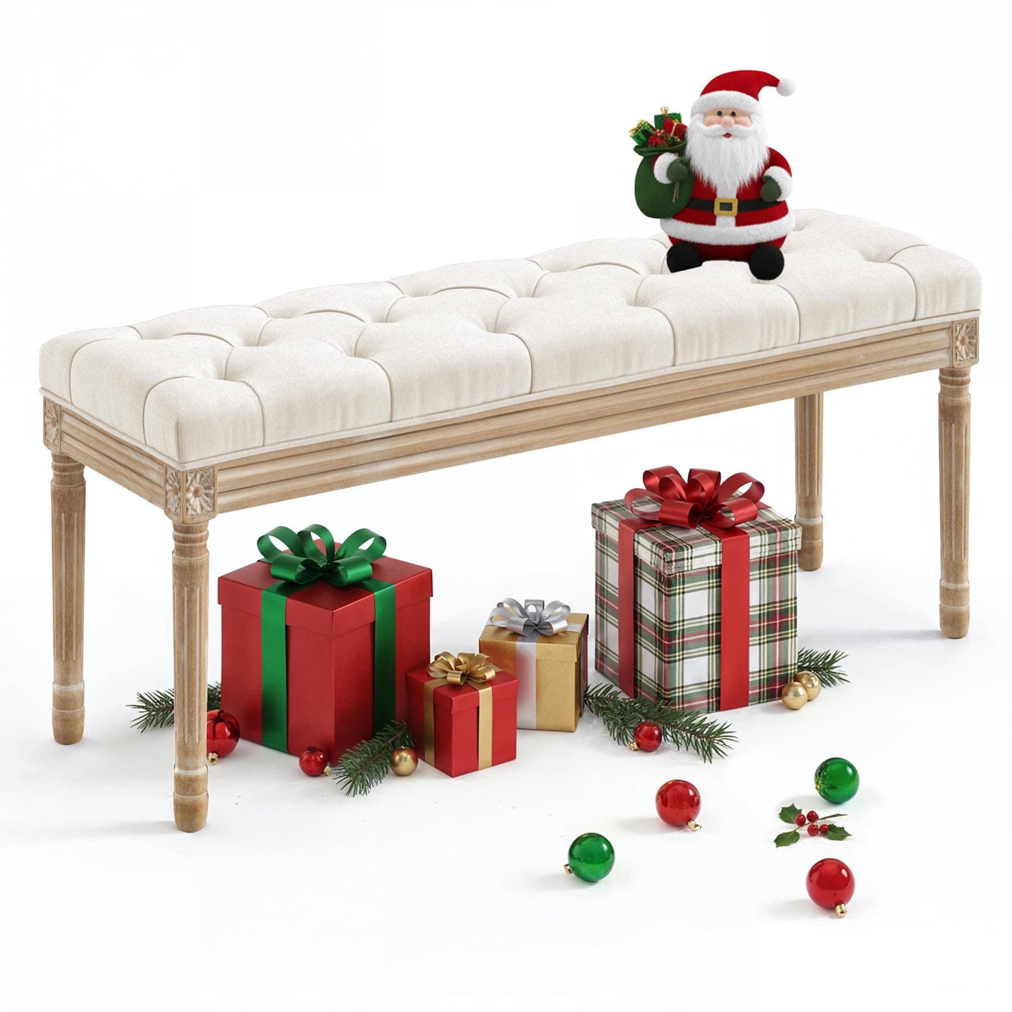 LUE BONA 44" Bedroom Bench, Fabric End of Bed Bench, Upholstered French Tufted Ottoman Bench with Carved Wood Legs for Bedroom End of Double Full Queen Size Bed, Living Room, Beige