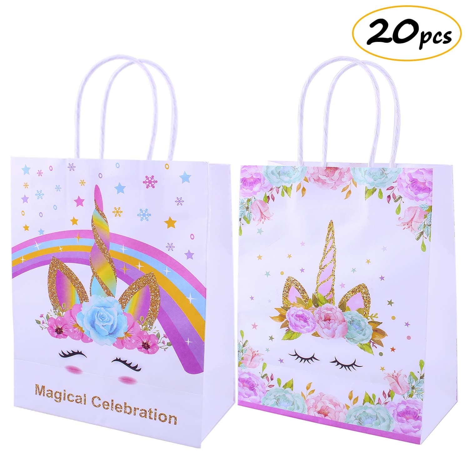 2 Designs Unicorn Party Favor Bags, OUTLEE 20Pcs Unicorn Paper Gift Bags with Handle for Birthday Decoration Unicorn Party Supplies