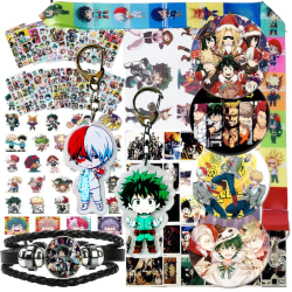 Gift Set FOR FANS, 54Pcs my hero academia Postcards, 12Sheet Cartoon Laptop Stickers, 4 Button Pins, 2 Keychains, 1Pcs Bracelet, 1Cratoon Lanyard, 2Pcs Tattoo Sticker