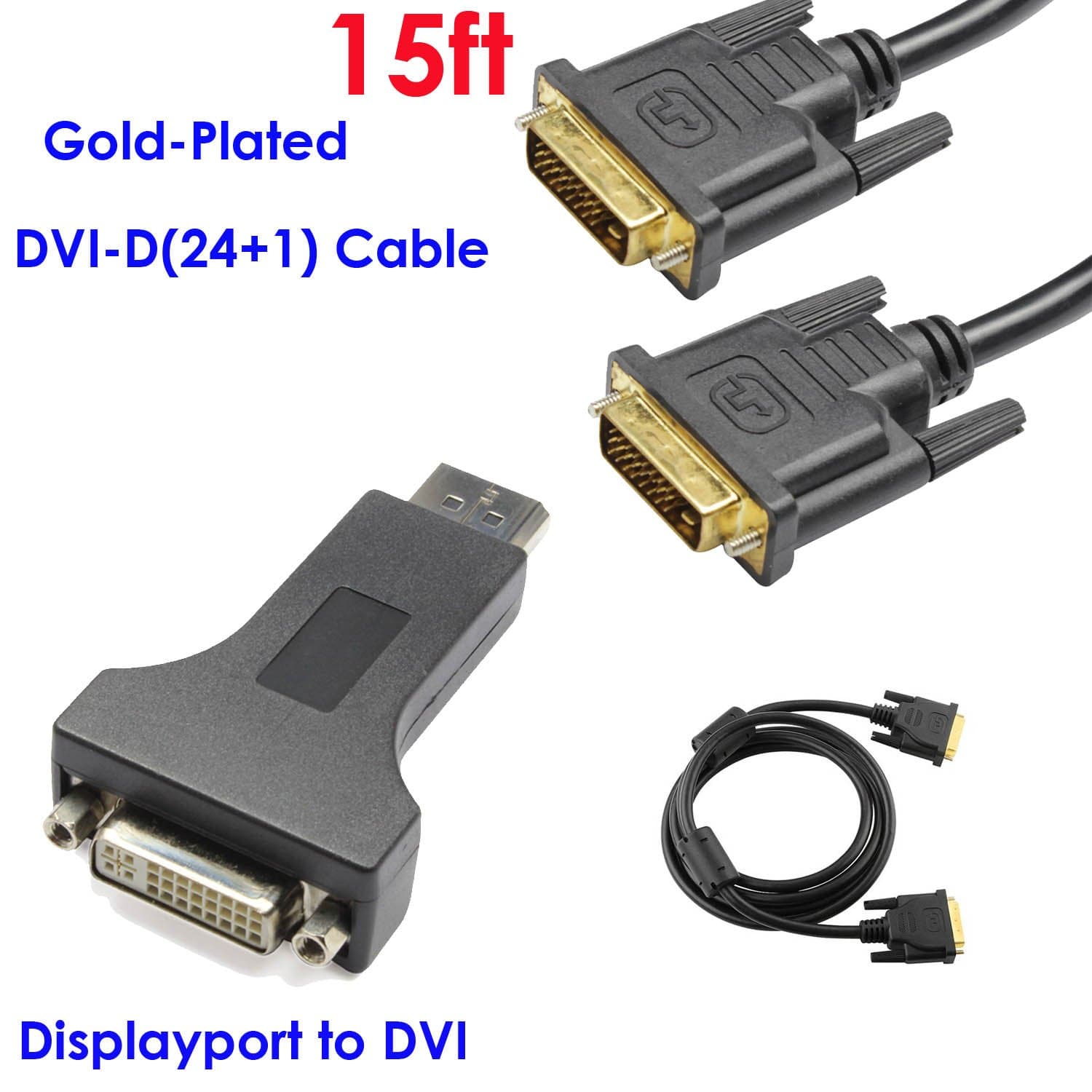 YarMonth - Display Port Male to DVI Female Adapter + Gold-plated DVI-D Digital / Digital Dual Link Cable 9.9Gbps 24+1 pin M / M, 15 FT / 4.6 M, Black