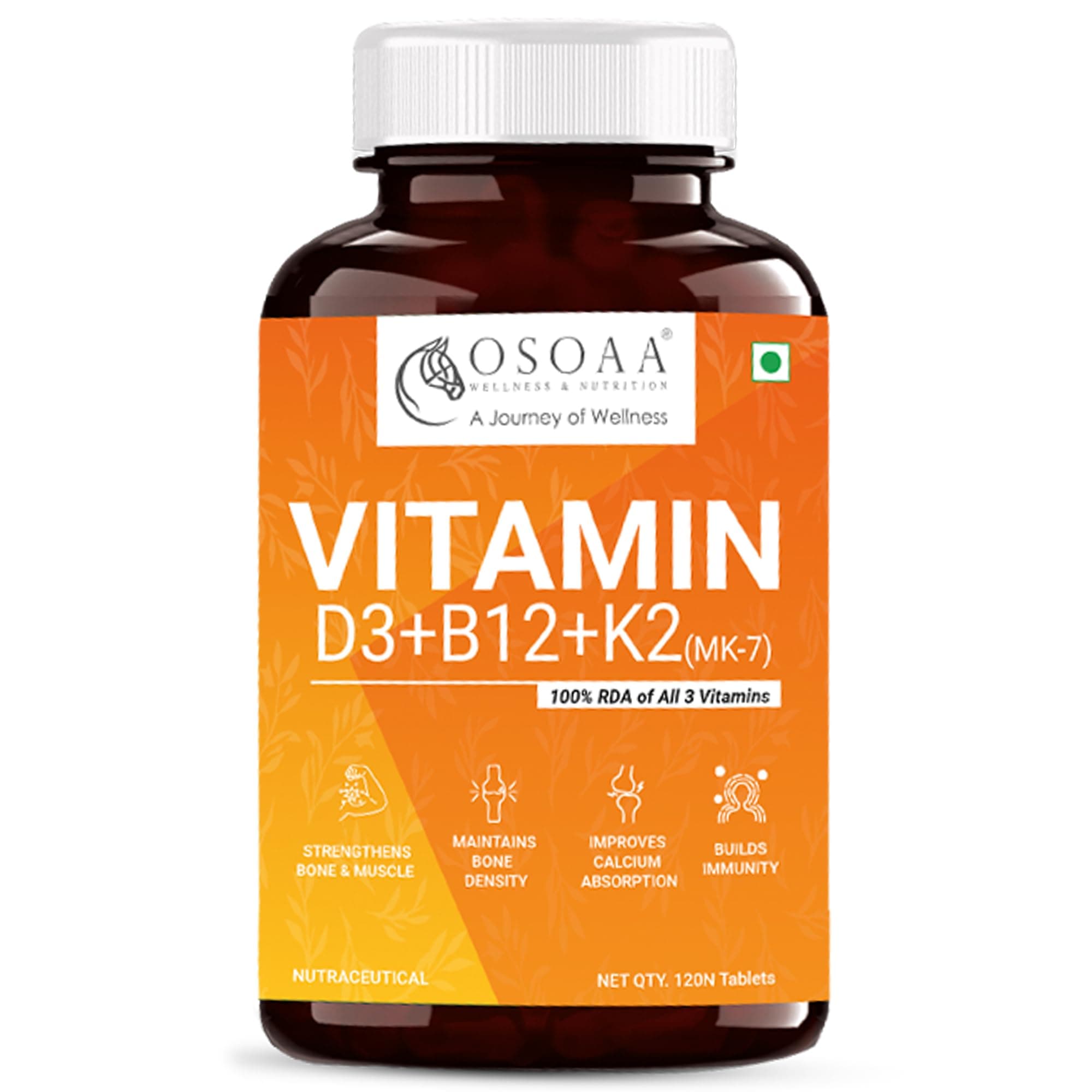 Vitamin D3 K2 MK7 Supplement - 120 Tablets | Vitamin D3 (600 IU) | Promotes Calcium Absorption, Bone Health, Muscle Strength & Immunity | Plant Based Vitamin D3- Lichen Source