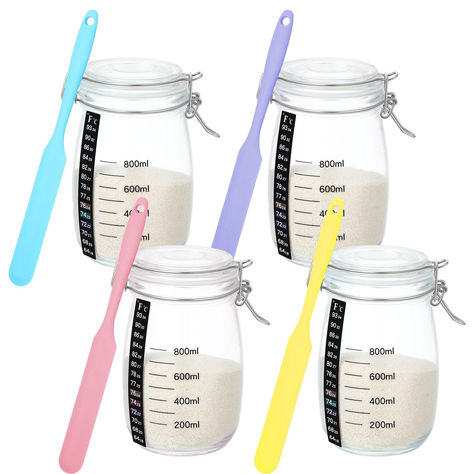 4 Sets Sourdough Starter Jar Weck Glass Jars with Lids (per Jar 34 Oz/ 1000 Ml) Reusable Bread Starter Kit with Thermometer, Scraper Spatula Glass Sourdough Crock Set for DIY Homemade Bread