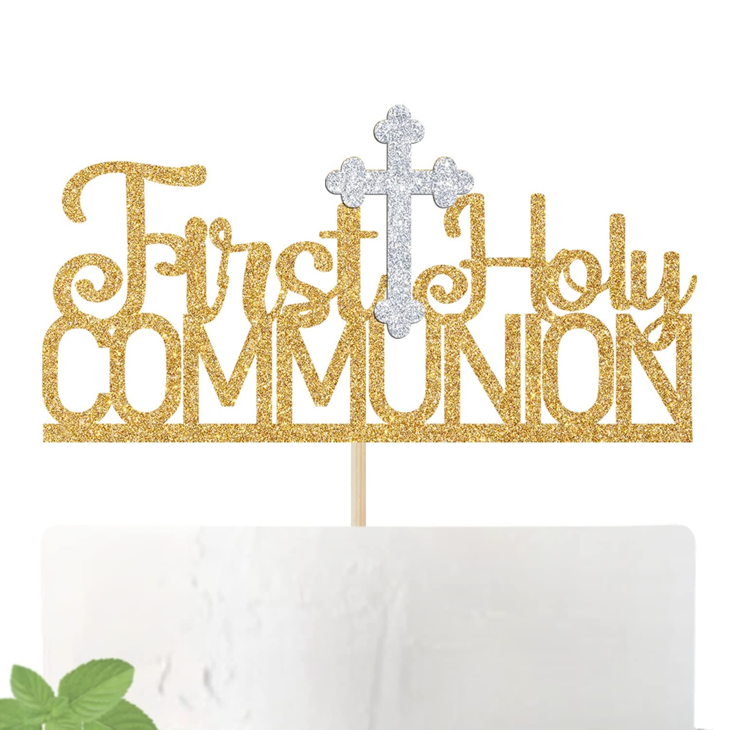 First Communion Cake Topper - It's My Baptism Cake Decoration for Kids - God Bless/Baby Shower/Baby First Birthday Party Supplies, Gold Glitter