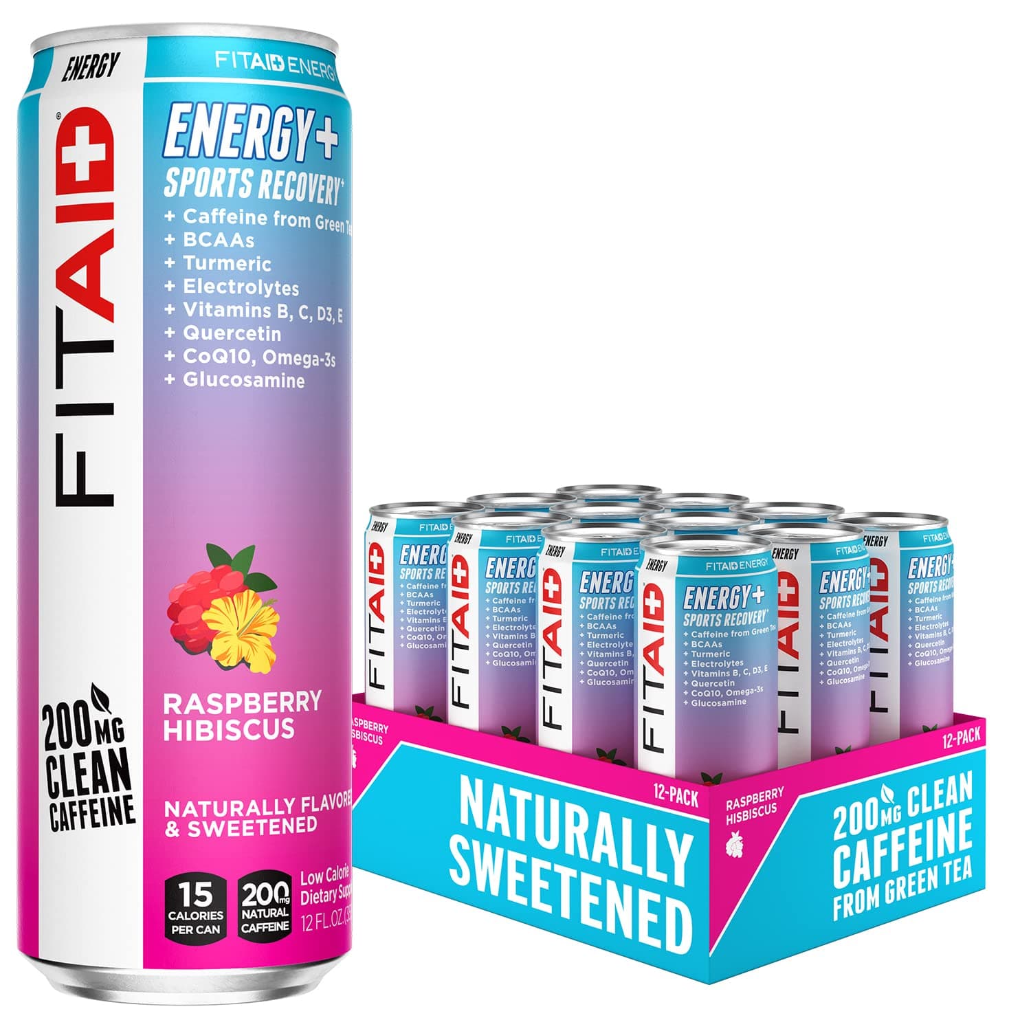 FITAID ENERGY, 200mg Natural Caffeine, Keto, Raspberry Hibiscus, Optimum Performance Formula: BCAAs, Quercetin, Electrolytes, Omega-3s, 15 calories, Paleo, Vegan & GlutenFree, 12 Fl Oz (Pack of 12)