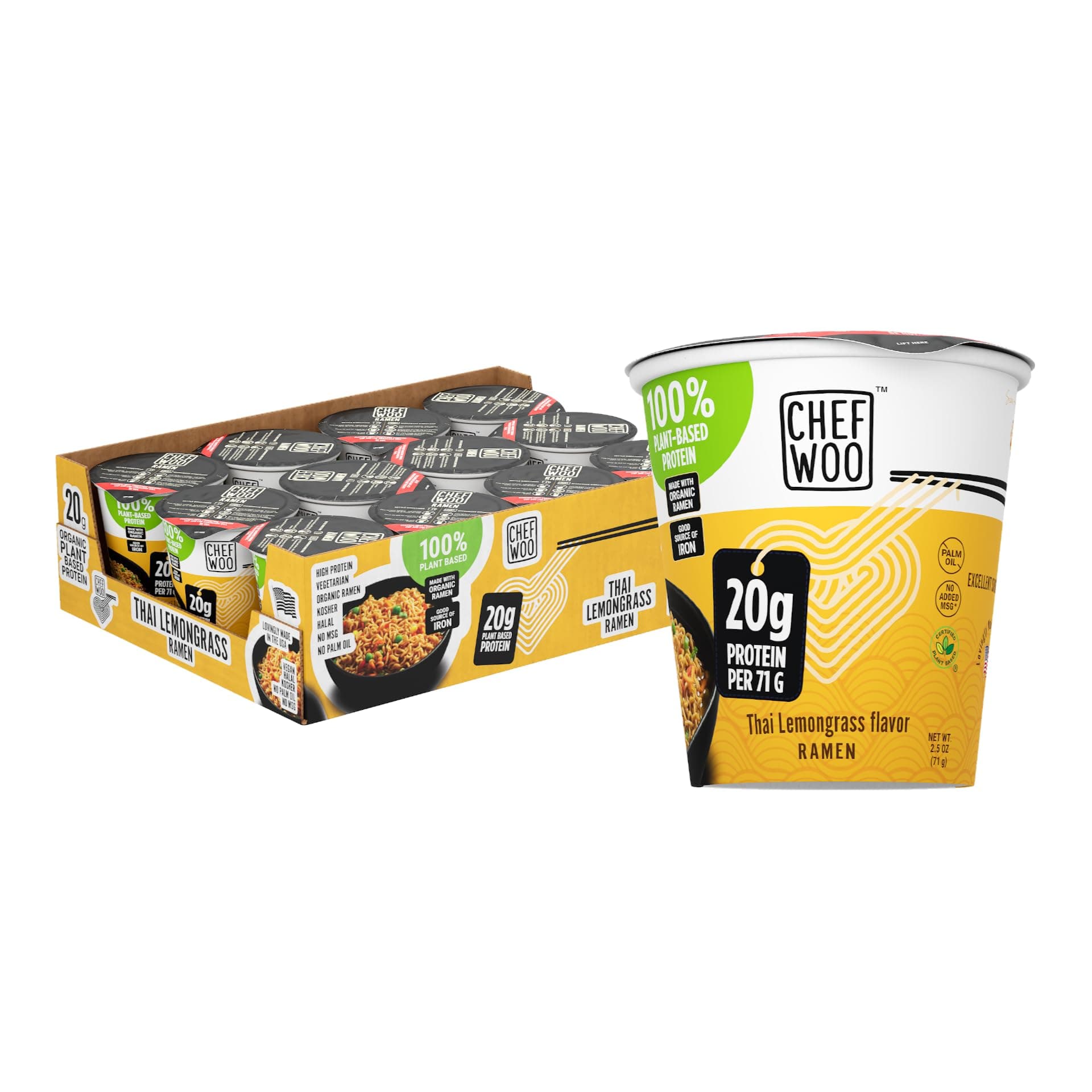 CHEF WOO Thai Lemongrass Ramen Cup High Protein Noodles (12 PACK), 20g of Animal-free, Bioavailable Protein,Made in U.S. |