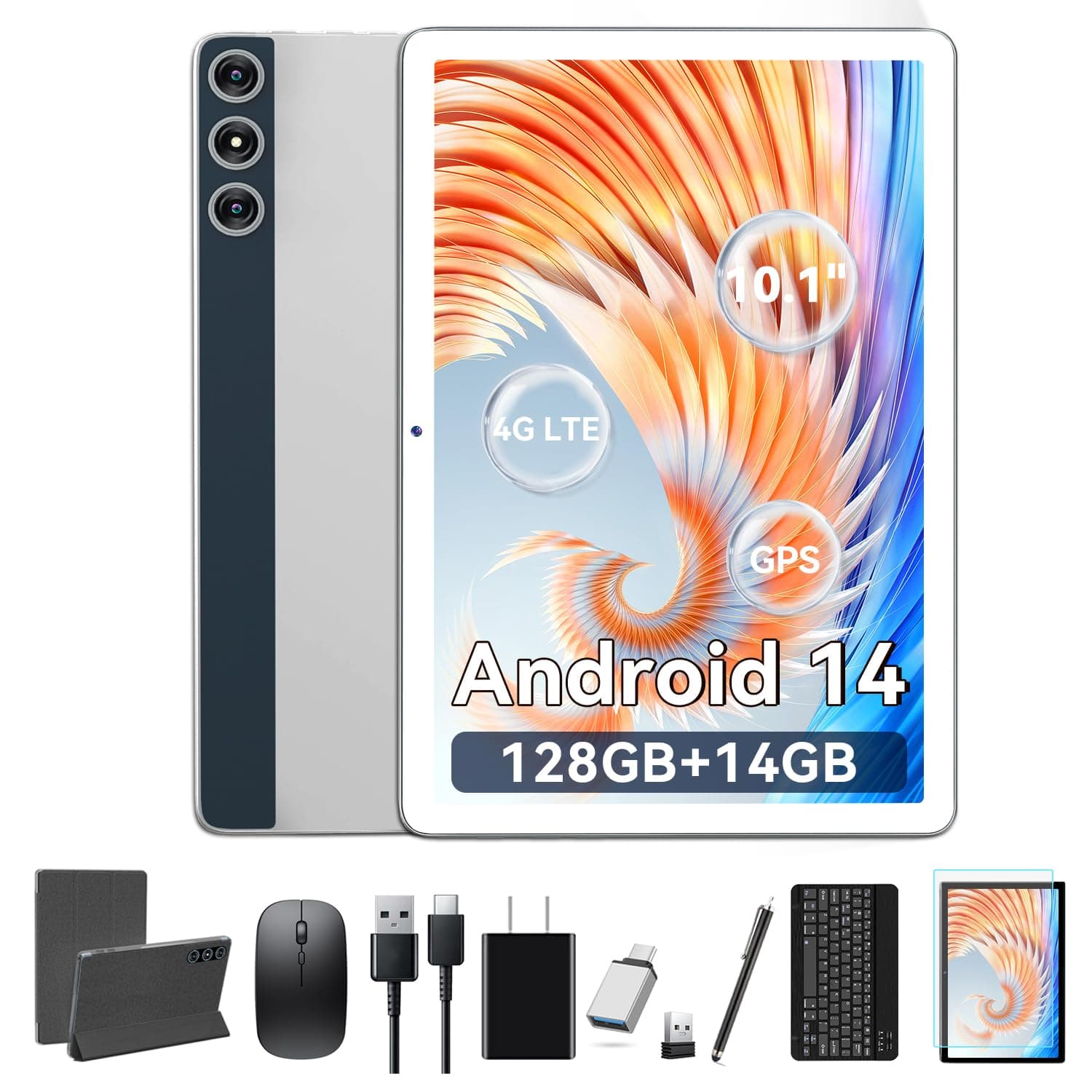 Tablet 10.1 Inch Android 14, Octa-Core 5G WiFi, 128GB ROM 14GB RAM, Dual Sim Card Slot, Camera, 2025 Latest Tab with Keyboard Bundle 1TB Expand Android Tablet 13MP+8MP, Unlocked for T-Mobile (Silver)