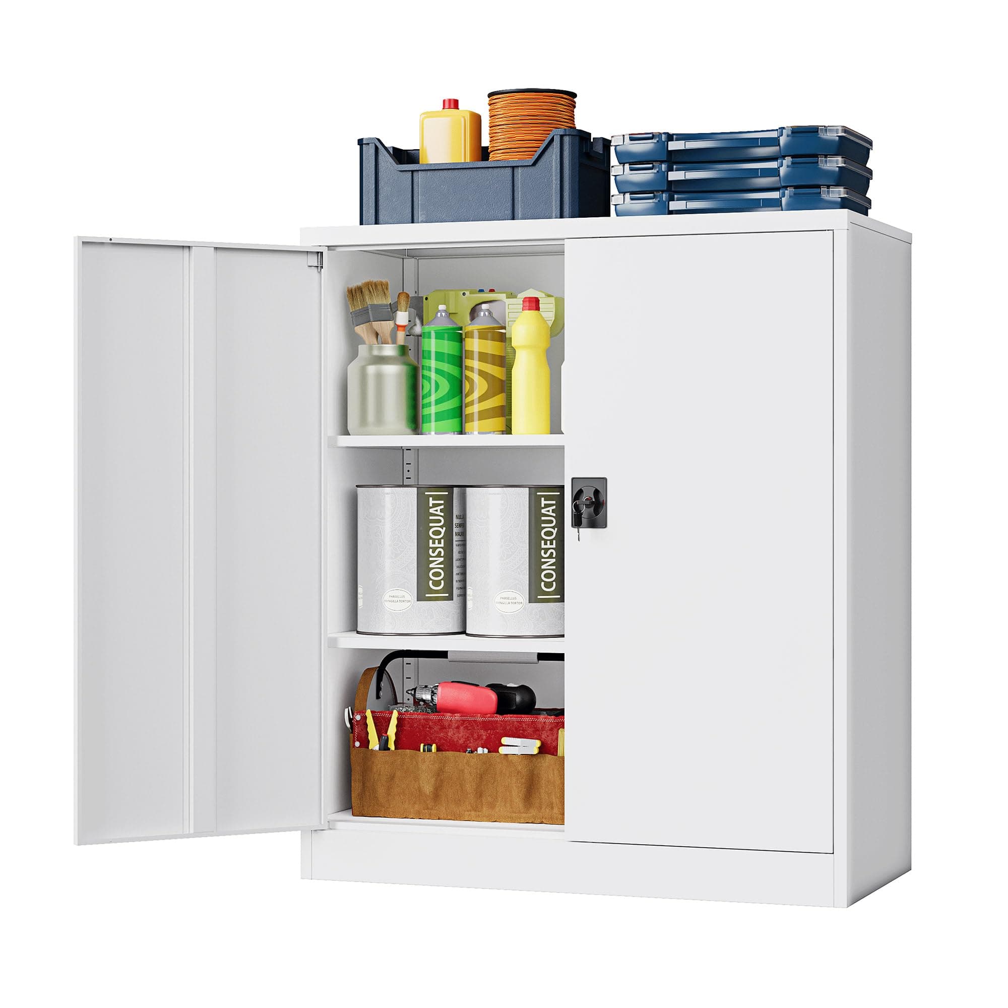 Metal Storage Cabinet，Garage Storage Cabinet with 2 Lockable Doors and 2 Adjustable Shelves, 36'' Steel Tool Cabinet for Garage, Office, Home, School(White)