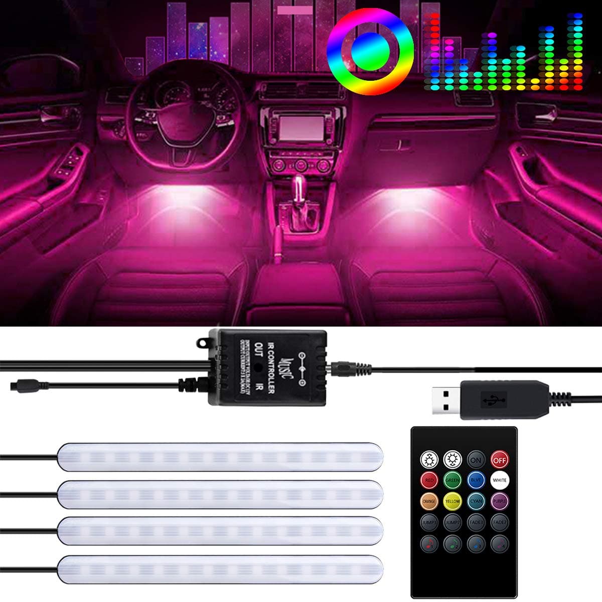 Yolispa Car LED Strip Light, 4pcs 48LED DC 12V LED Car Interior Lights Multicolor Music Under Dash Lighting Kit RGB with Sound Active Function, Wireless Remote Control (USB Charger)