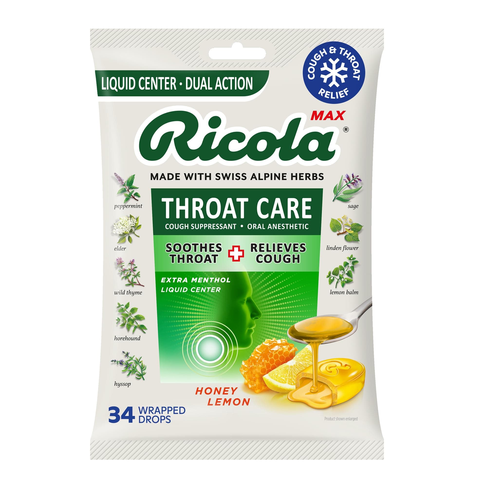 Ricola Max Honey Lemon Throat Care Large Bag | Cough Suppressant Drops | Dual Action Liquid Center | Soothing Long-Lasting Relief - 34 Count (Pack of 1)