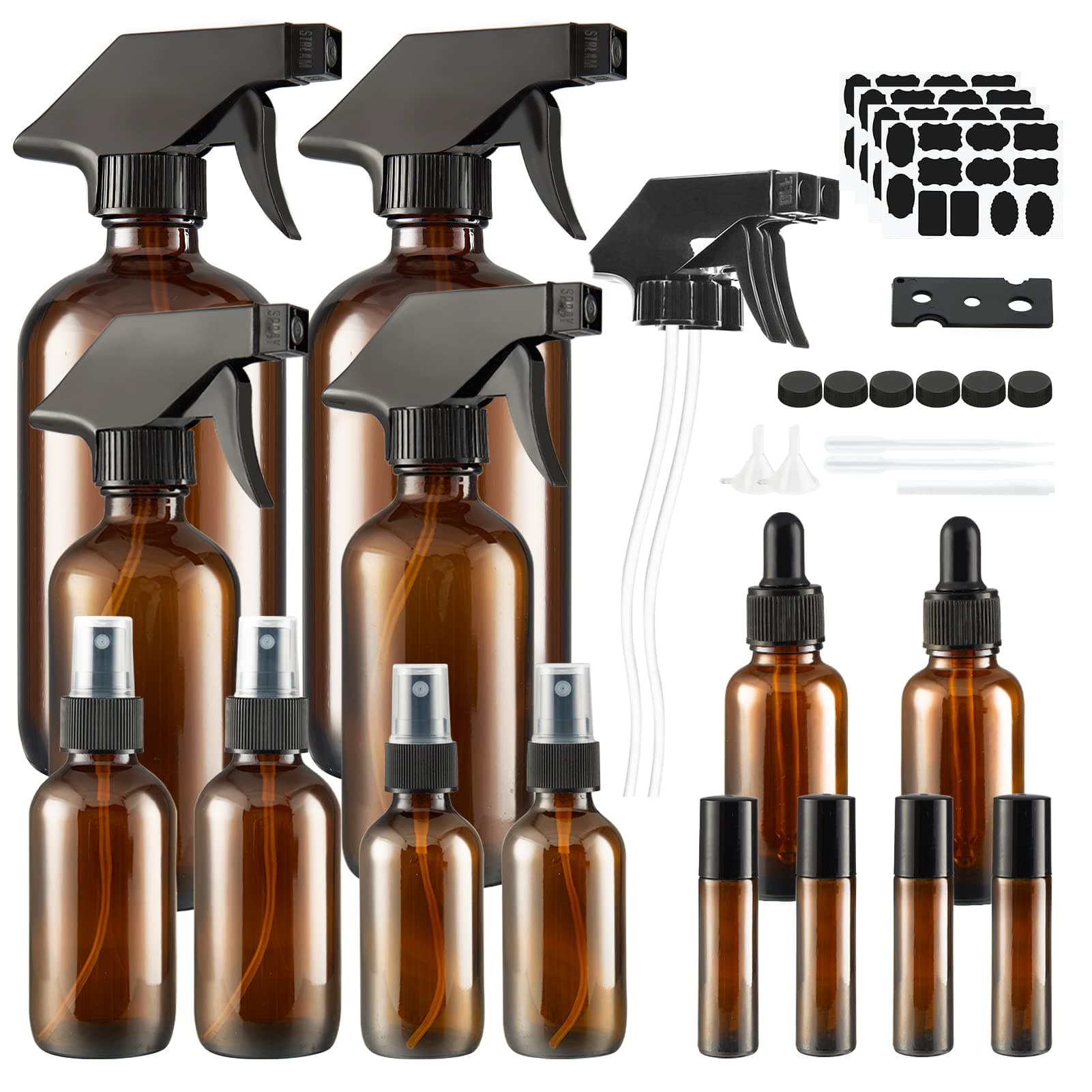 Glass Spray Bottle, SXUDA Amber Glass Spray Bottles Set Roller Bottles, Cleaning Products or Aromatherapy (16OZ, 8OZ, 4OZ, 2OZ, 2OZ Dropper Bottle) x 2, 10 ml Roller Bottle x 4