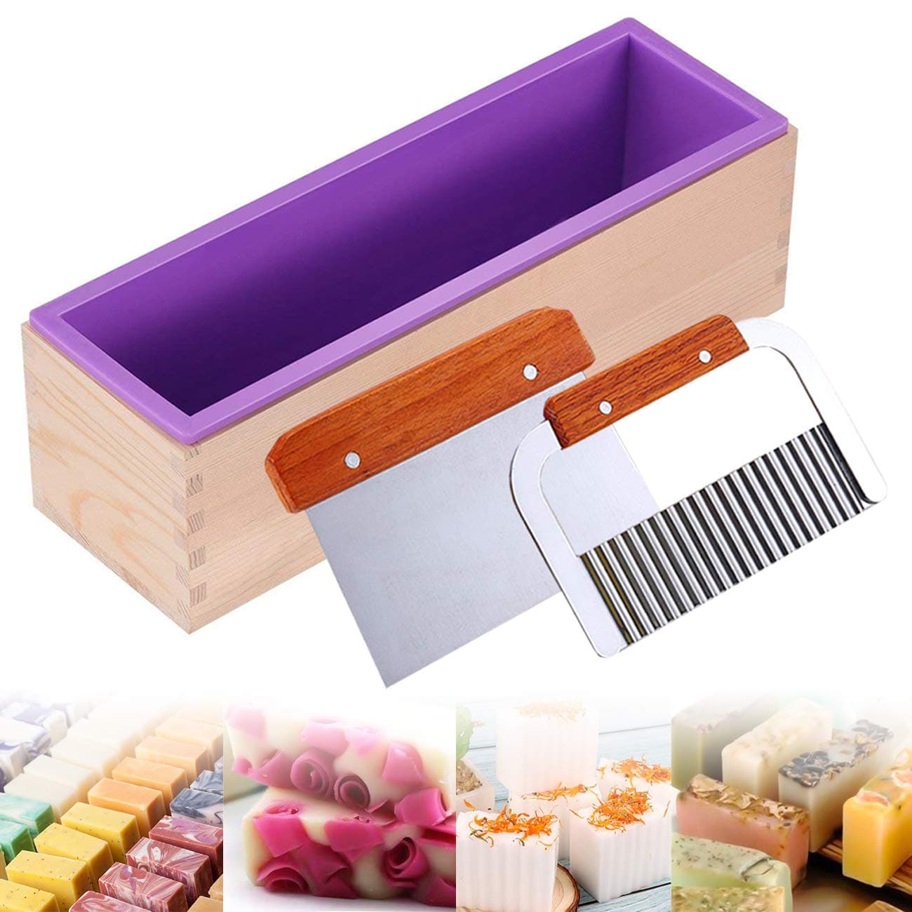 Ogrmar Silicone Soap Moulds Kit-1240ml Wooden Silicone Soap Rectangular Mould with Stainless Steel Wavy & Straight Scraper for Soap Cake Making (Purple)