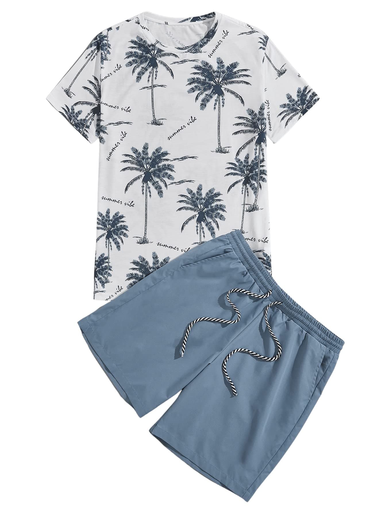 MilumiaMen's Tropical Printed Short Sleeve Tee and Drawstring Pocket Shorts Set