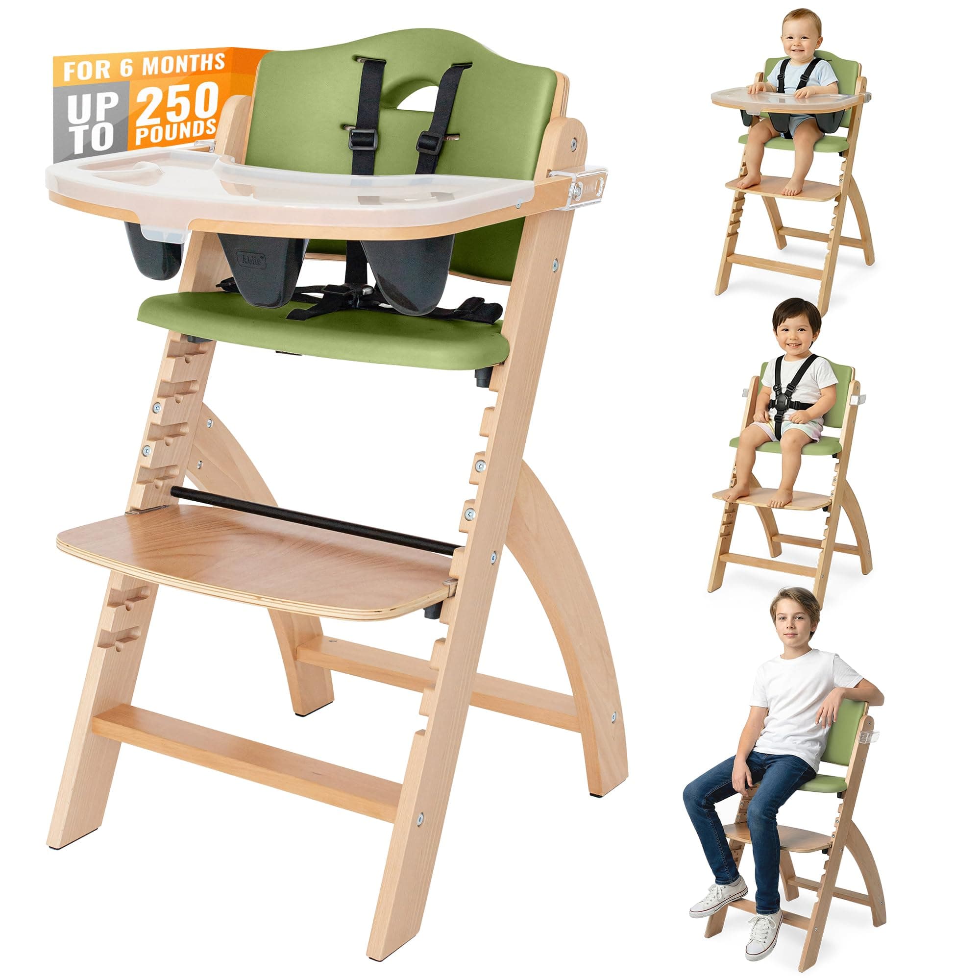Beyond Junior Wooden High Chair with Tray. The Perfect Adjustable Baby Highchair Solution for Your Babies and Toddlers or as a Dining Chair. 6 Months up to 250 Lb. Natural Wood/Olive Cushion