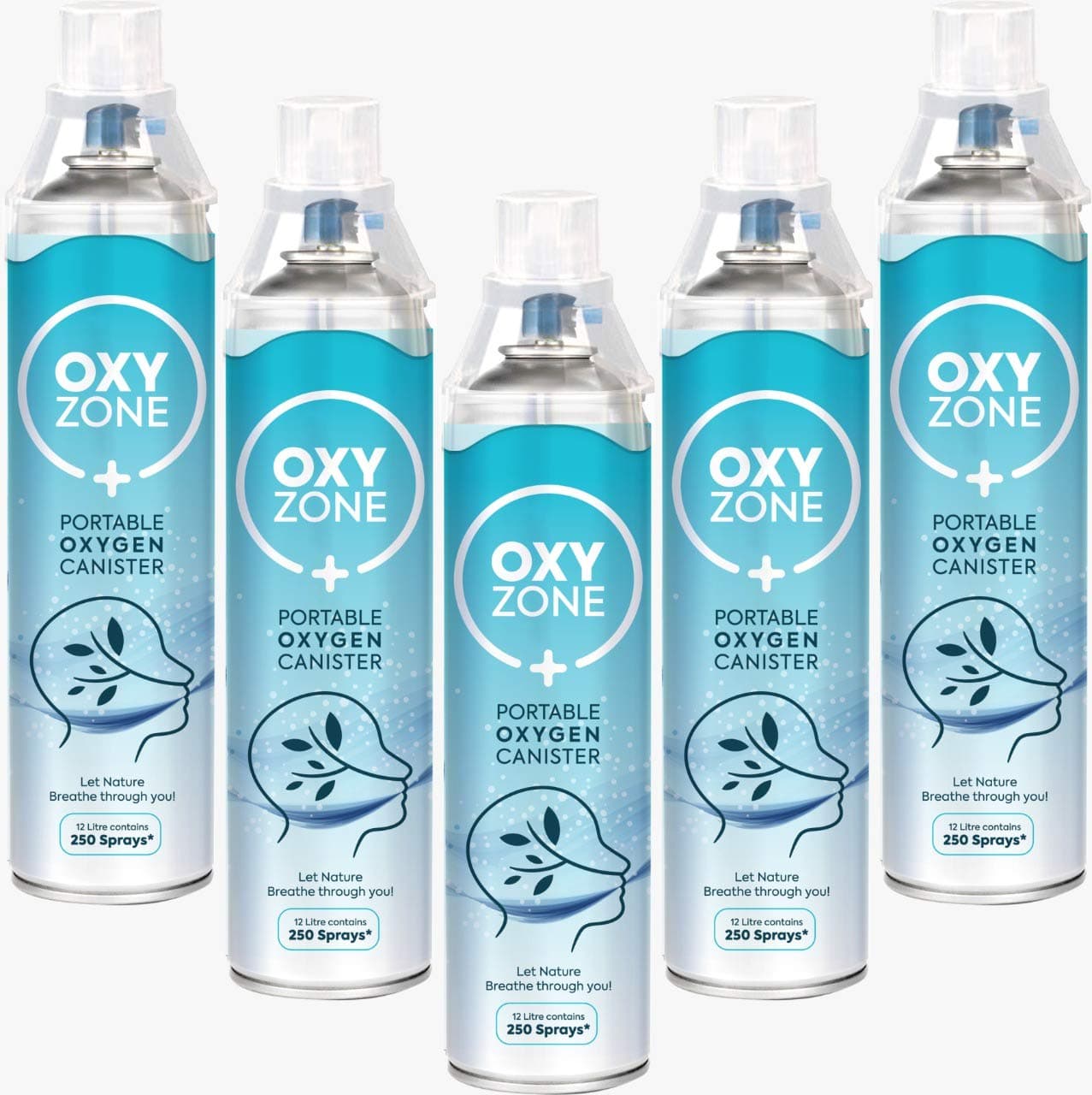 OXYZONE Natural Oxygen 60 Litres in Portable Can | First Aid Essential | Revitalizes | Enhance Physical Wellness | 60 Litre (12 L × 5) | 1250 Puff (250 Puff × 5)