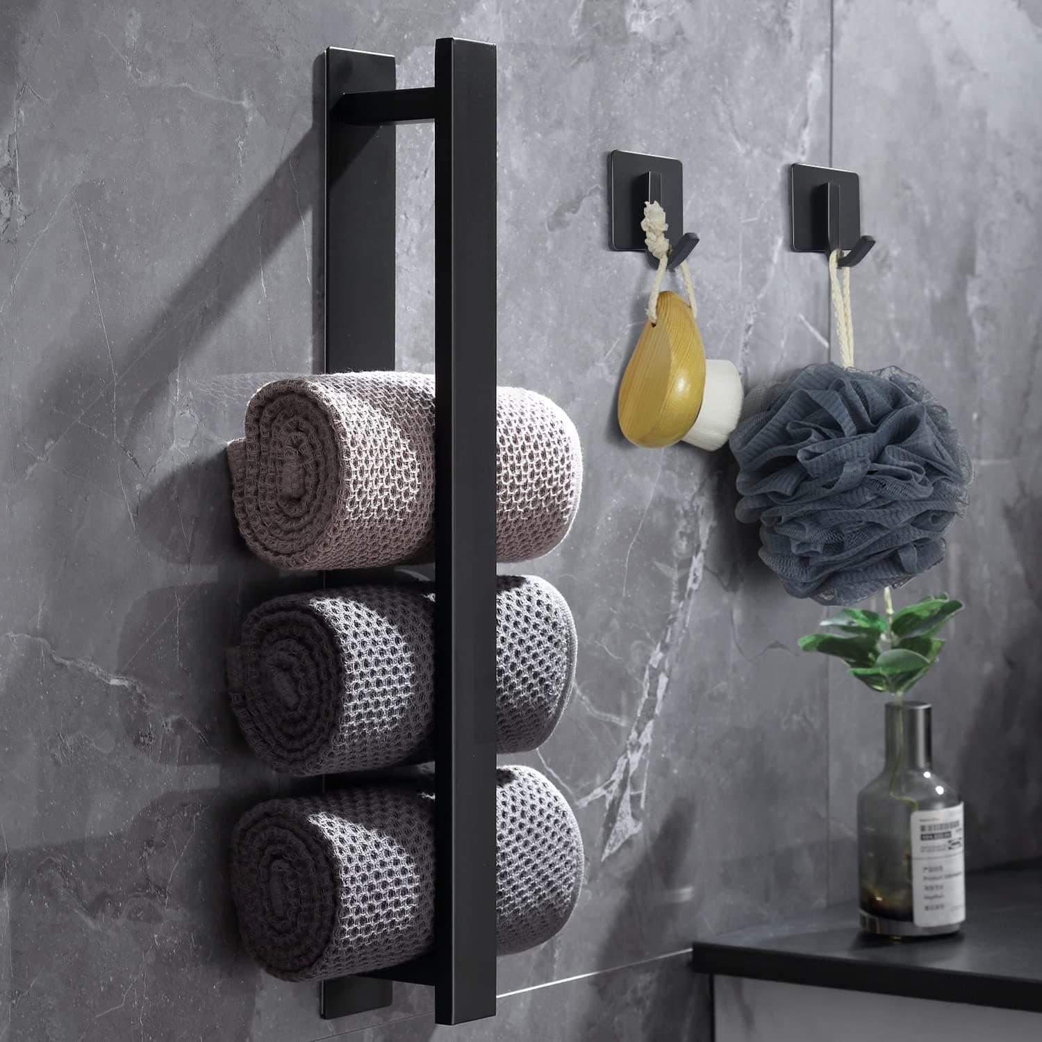 Stainless Steel Towel Rail Wall Mounted With 2 Hooks, Self Adhesive No Drilling, Matt Black Bathroom Accessories, 40cm Holder for Bathrooms/Kitchen